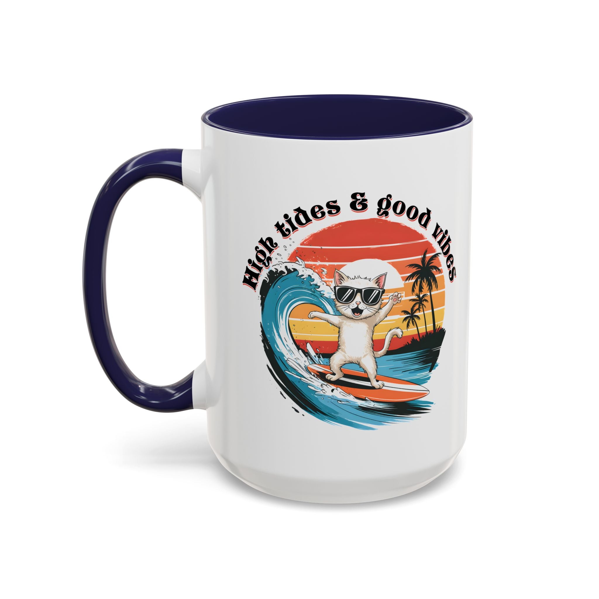 Surfing Cat Coffee Mug - High Tides & Good Vibes - Beach Lover Gift animal lover funny