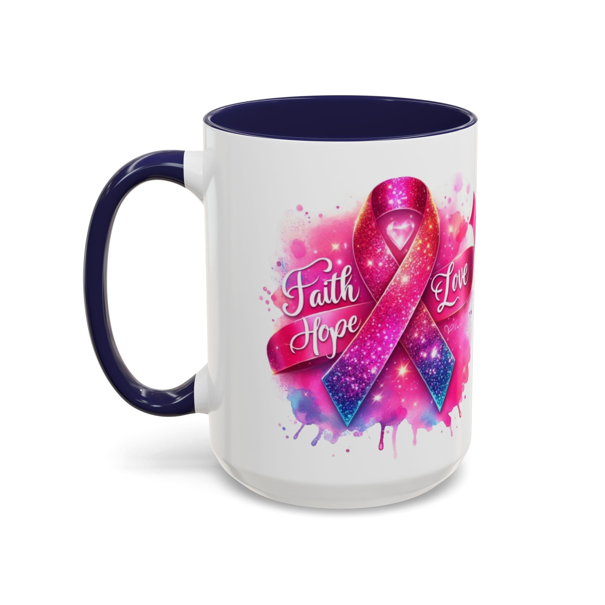 Inspirational Ribbon Coffee Mug - Faith, Hope, Love, Support, Gift for Cancer Awareness, Breast Cancer, Encouragement, Motivational