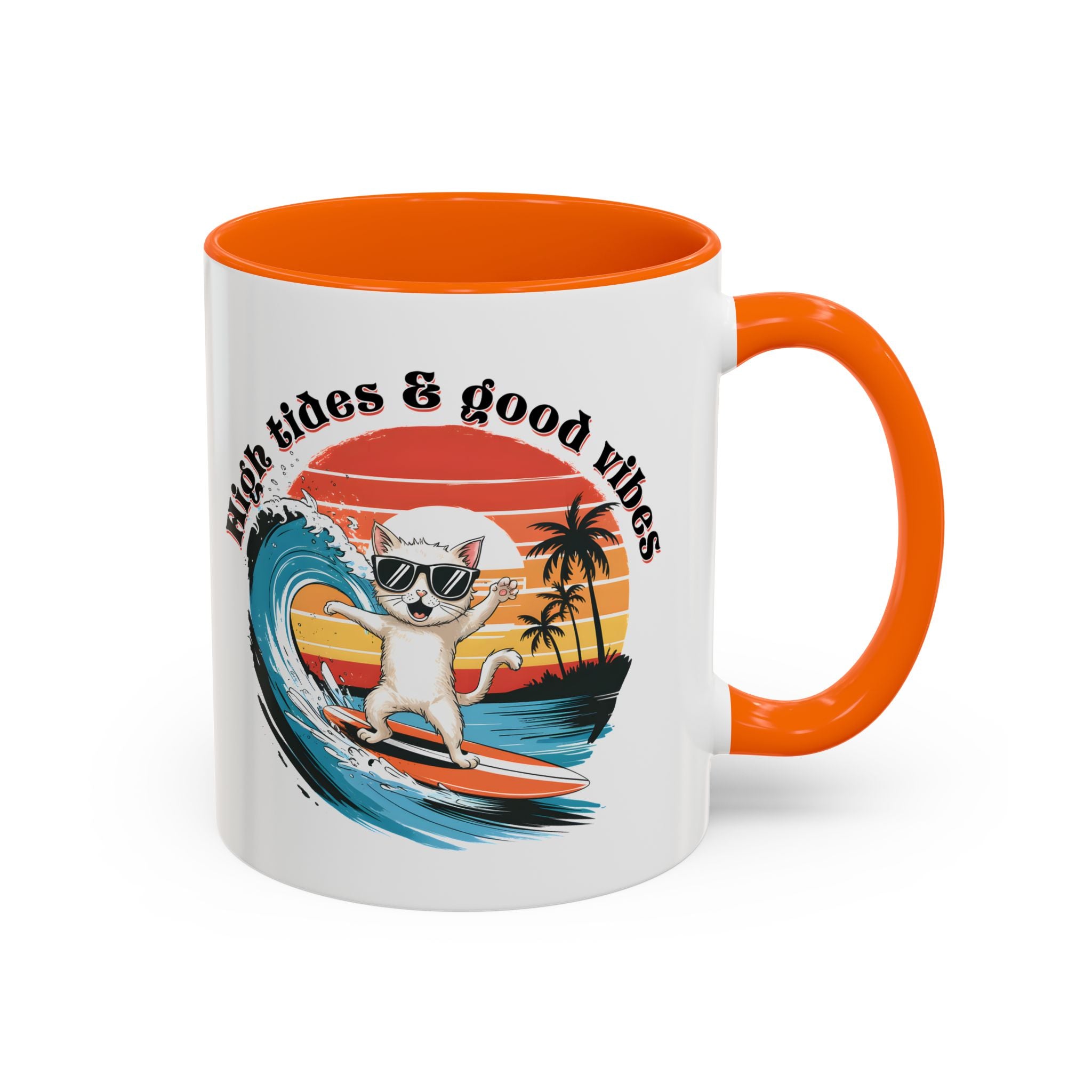 Surfing Cat Coffee Mug - High Tides & Good Vibes - Beach Lover Gift animal lover funny