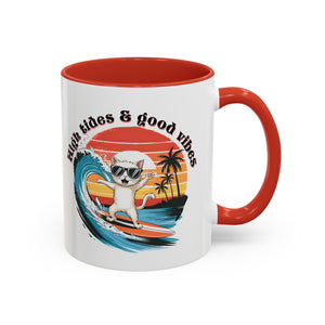 Surfing Cat Coffee Mug - High Tides & Good Vibes - Beach Lover Gift animal lover funny