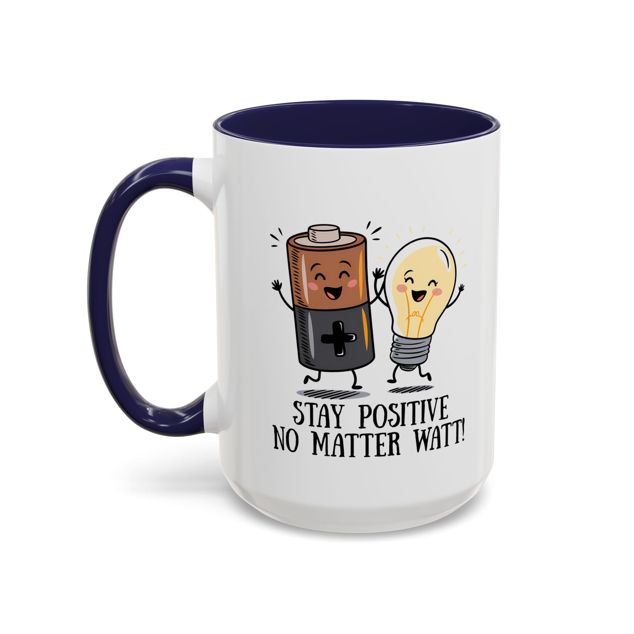 Stay Positive Accent Coffee Mug - 11oz & 15oz - Cute Light Bulb & Battery Design