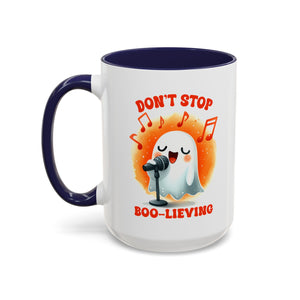 Ghost Coffee Mug, Perfect for Halloween, Fun Gift for Kids & Adults, Don't Stop Boo-lieving Mug, Caffeinated Spirits