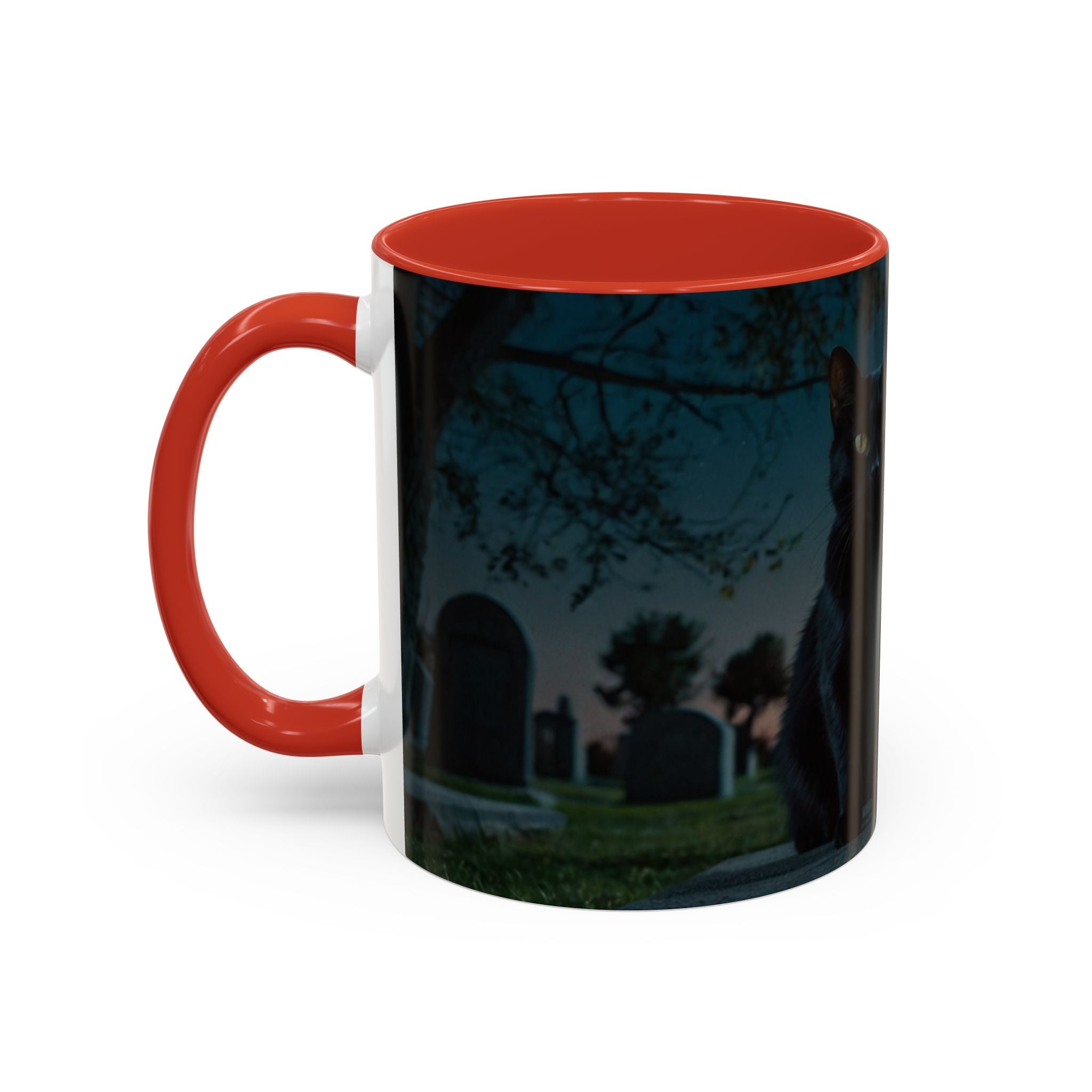 Spooky Black Cat Accent Coffee Mug in graveyard at night with full moon halloween