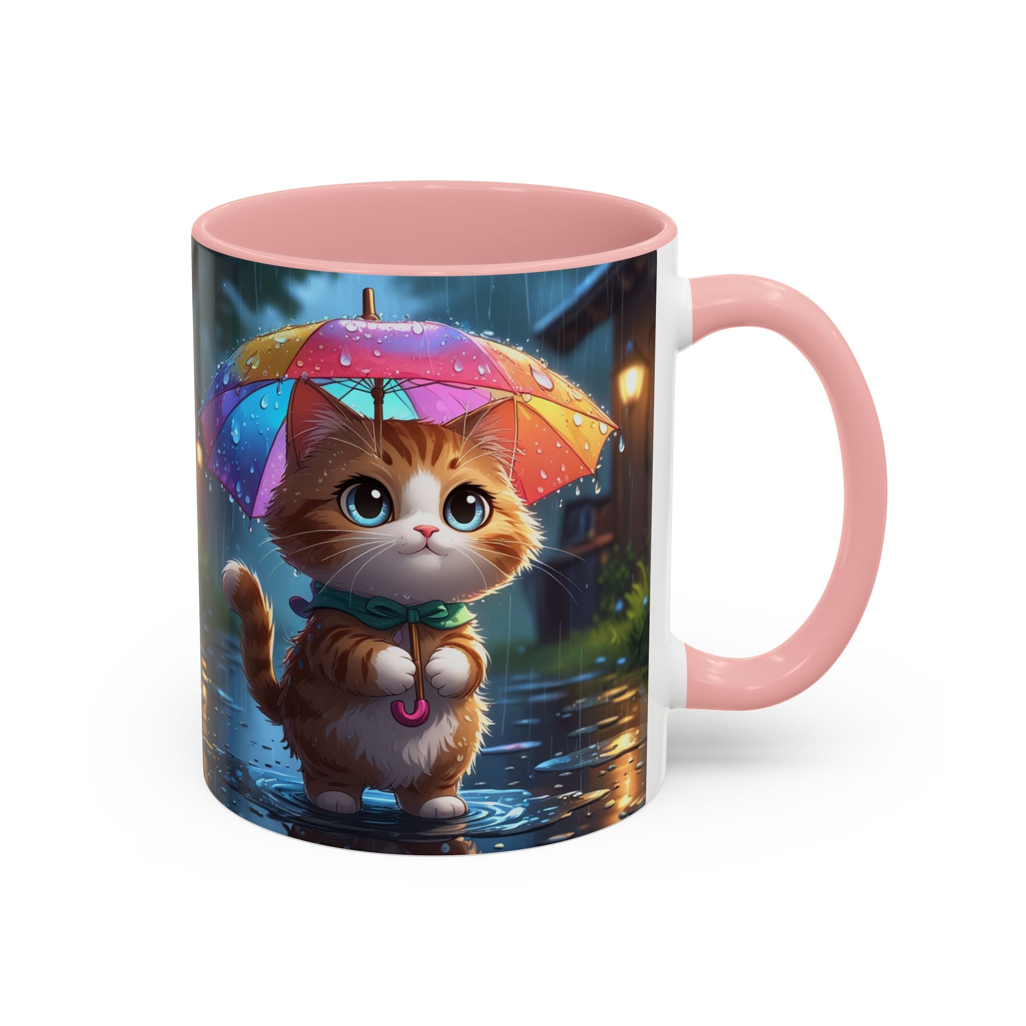 Cute Rainy Day Cat Mug — Kawaii Kitten with Rainbow Umbrella Coffee Cup (11/15oz)