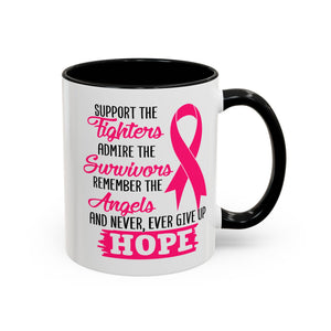 Inspirational Pink Ribbon Coffee Mug: Support Fighters, Admire Survivors, Celebrate Hope, Gift for Cancer Awareness, Motivational Mug