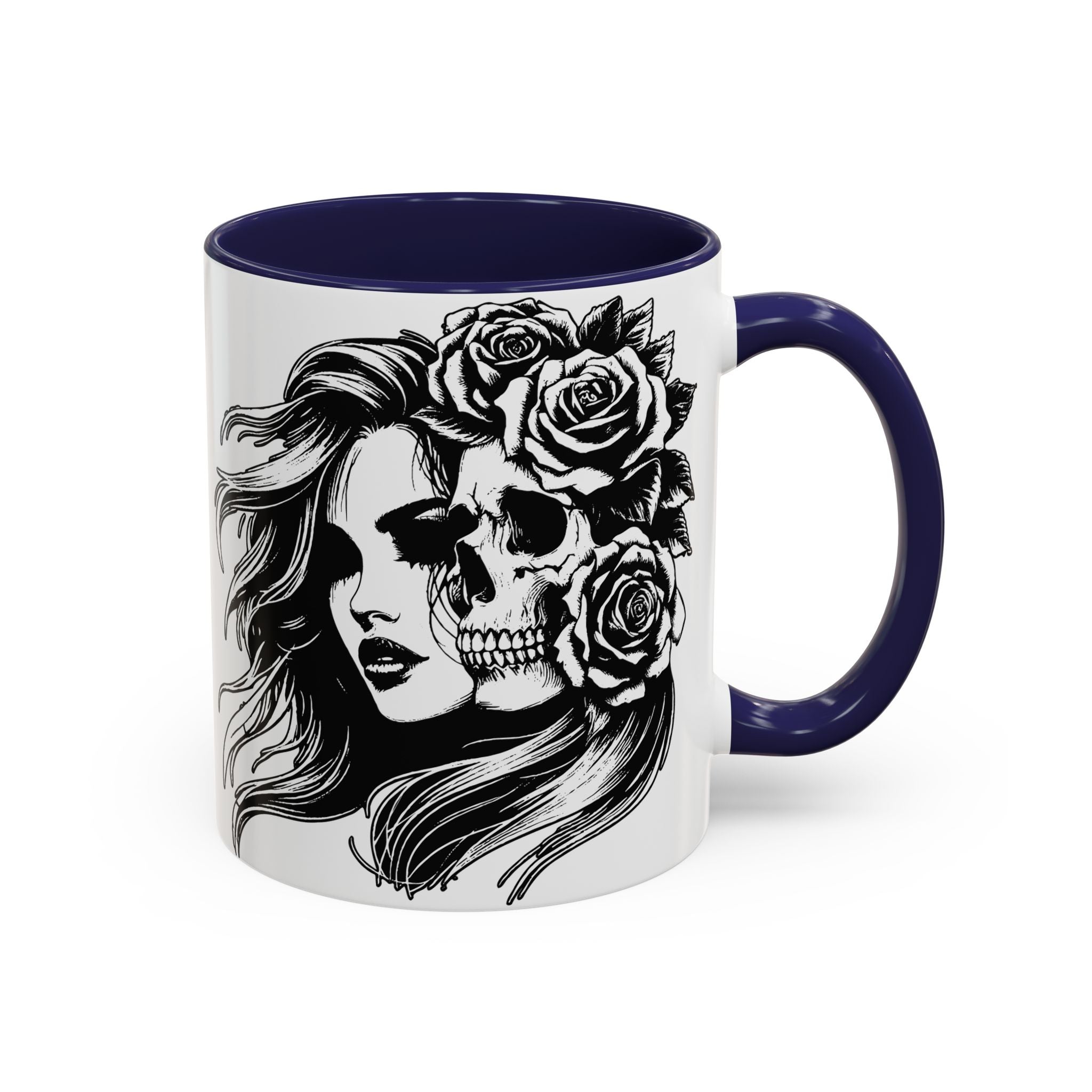 Skull & Rose Accent Coffee Mug — Gothic Half-Skull Woman 11/15oz