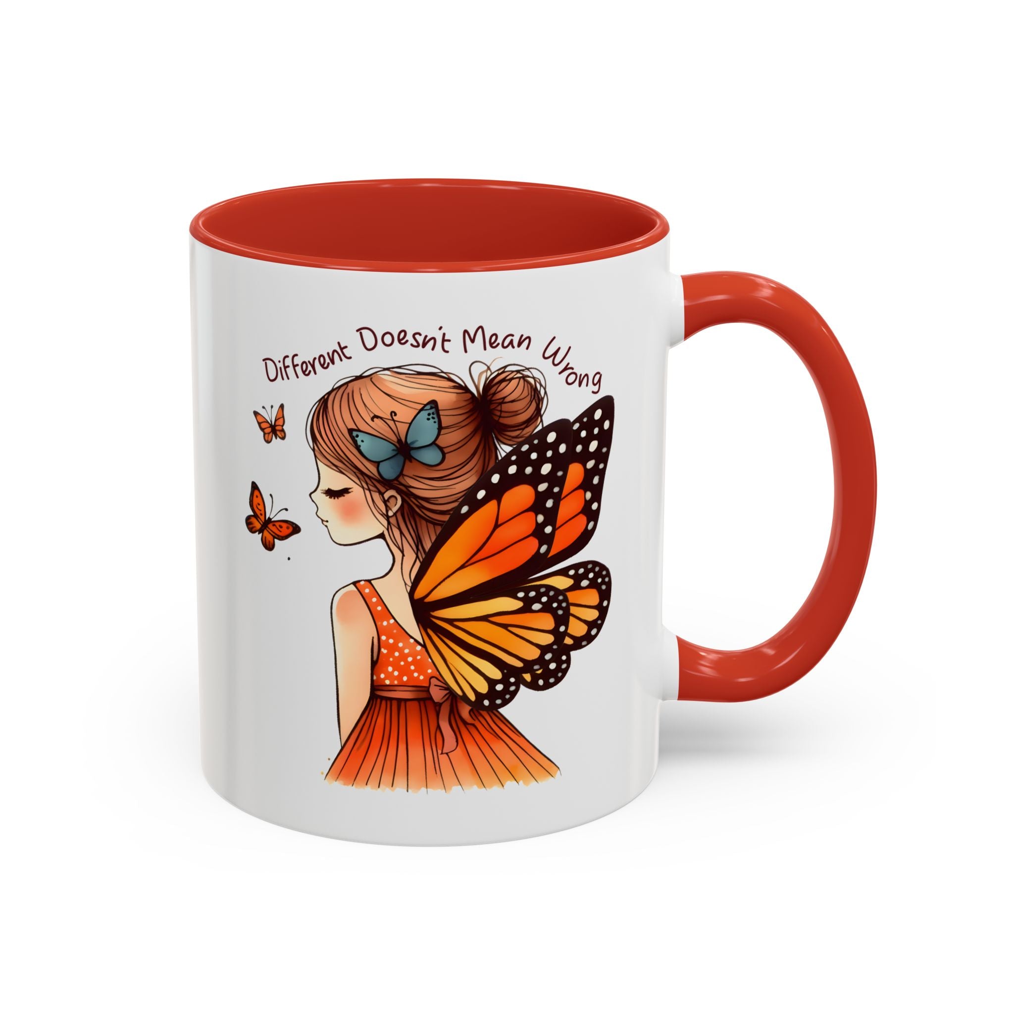 Butterfly Girl Accent Coffee Mug – "Different Doesn't Mean Wrong" Inspirational Tea Mug