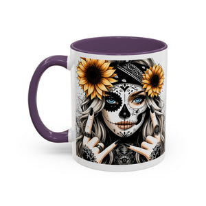 Sunflower Skull Accent Coffee Mug, Gothic Floral Mug, Unique Gift for Coffee Lovers, Boho Decor, Halloween Mug, Artful Drinkware