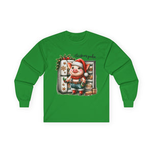 Christmas Pig Long Sleeve Tee, Festive Unisex Shirt, Holiday Apparel, Cute Animal Gift, Winter Wonderland Merch