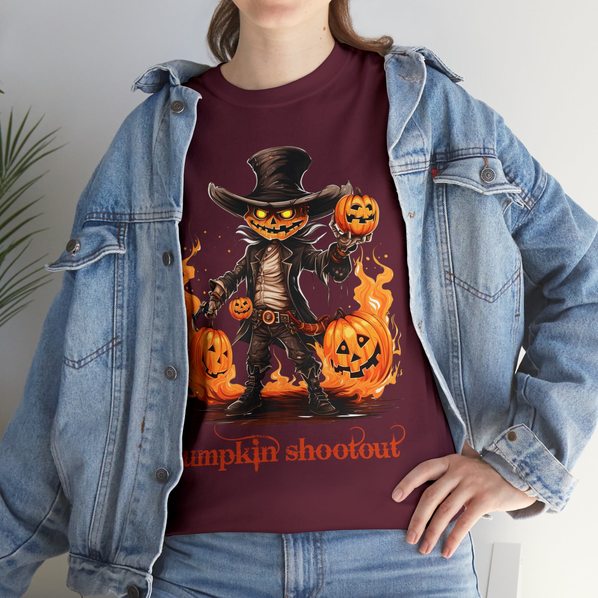Halloween t shirt pumpkin western style shootout funny fall fun scary stocking stuffer for whole family  cotton tee