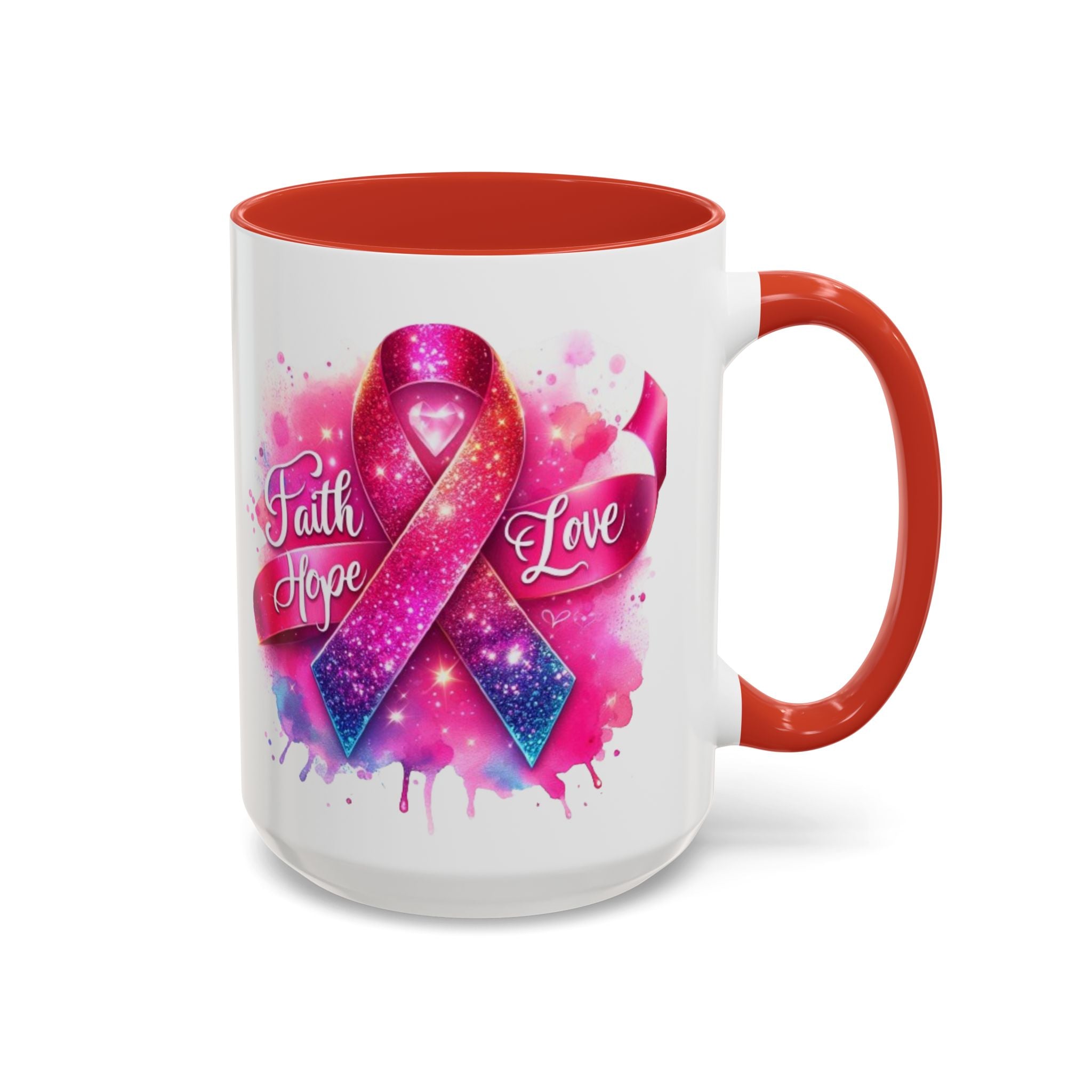 Inspirational Ribbon Coffee Mug - Faith, Hope, Love, Support, Gift for Cancer Awareness, Breast Cancer, Encouragement, Motivational