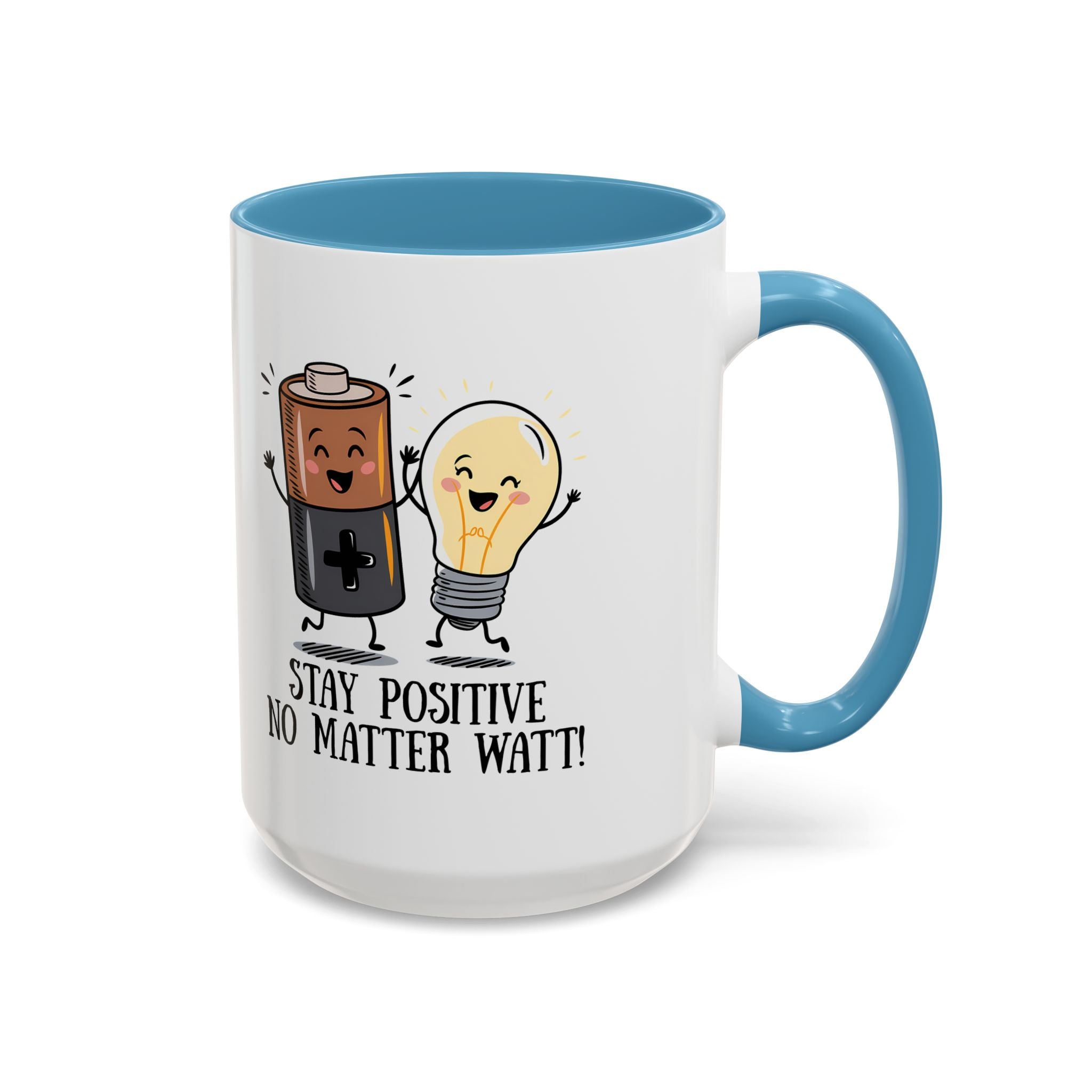 Stay Positive Accent Coffee Mug - 11oz & 15oz - Cute Light Bulb & Battery Design