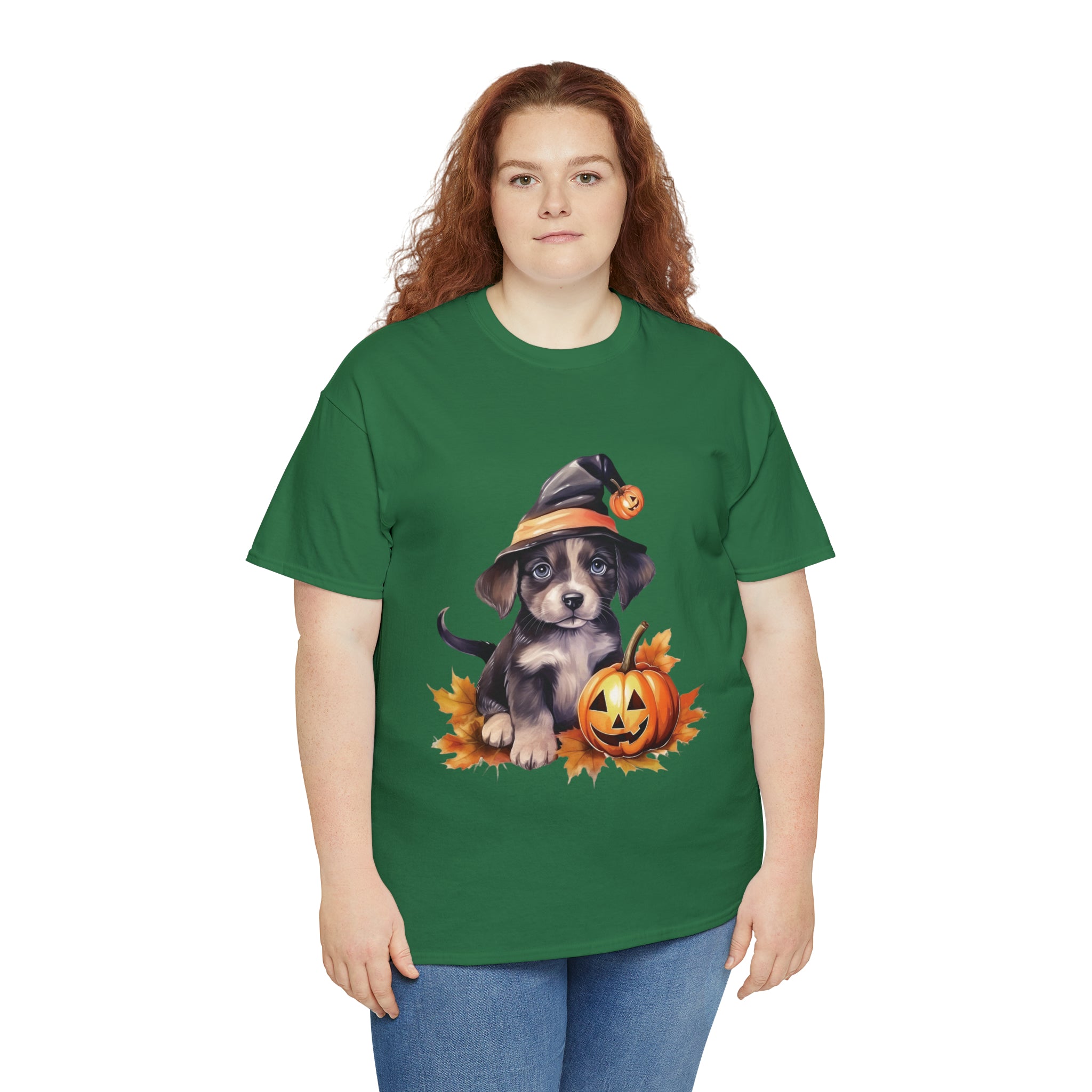 halloween t shirt puppy in witch hat cute gift for her stocking stuffer fall fun item for whole family Unisex Heavy Cotton Tee