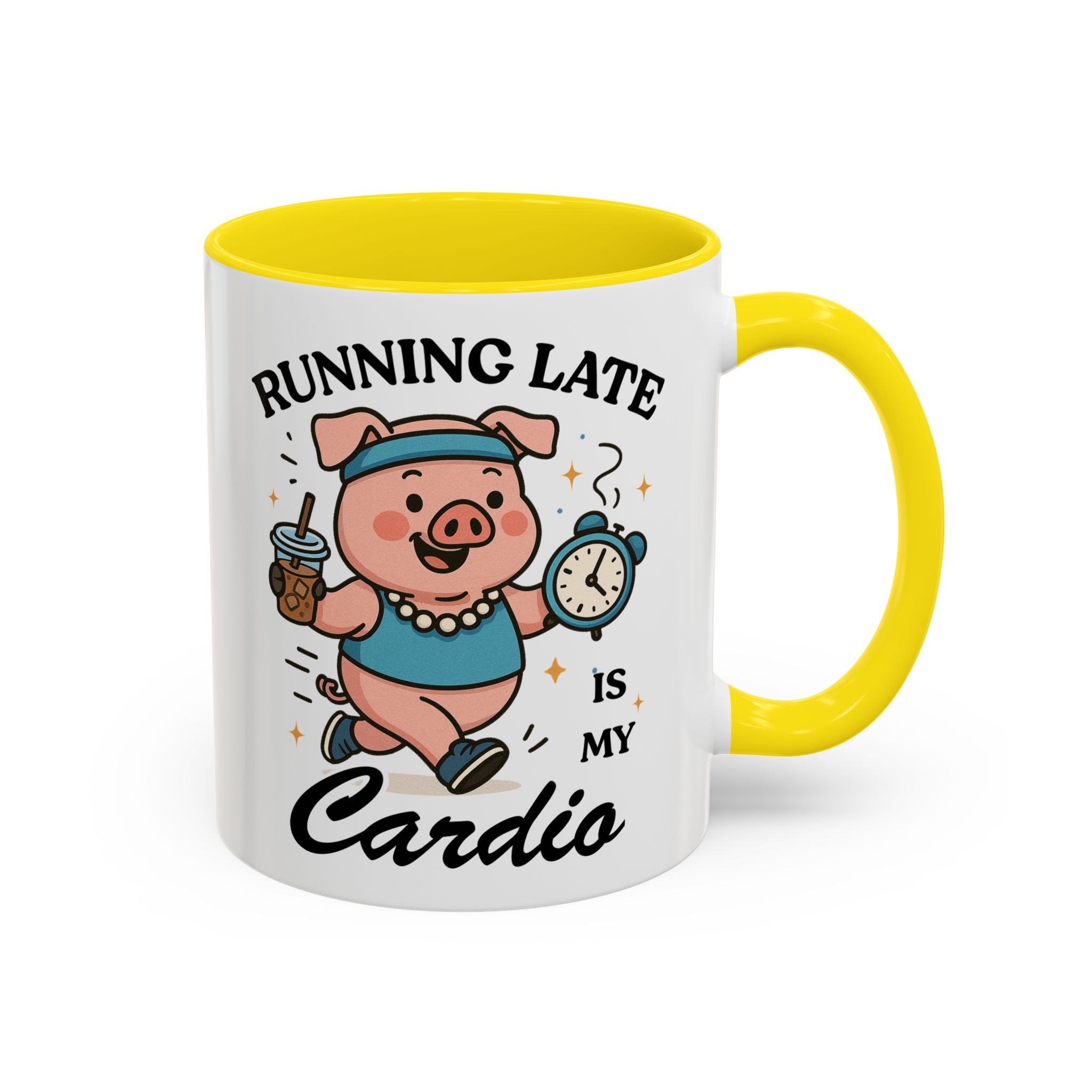 Running Late Is My Cardio Coffee Mug — Funny Pig Jogger Accent Mug (11/15oz)