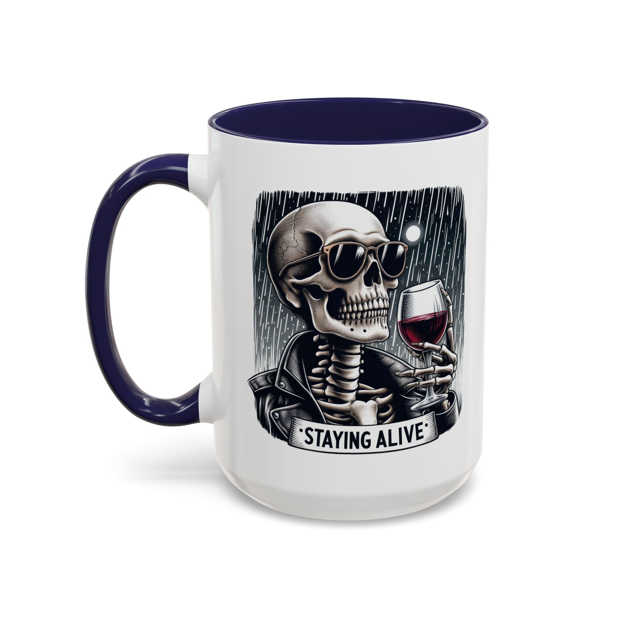 Stylish Skull Coffee Mug, Gothic Drinkware, Staying Alive Gift for Halloween, Funny Office Mug, Alternative Drinkware