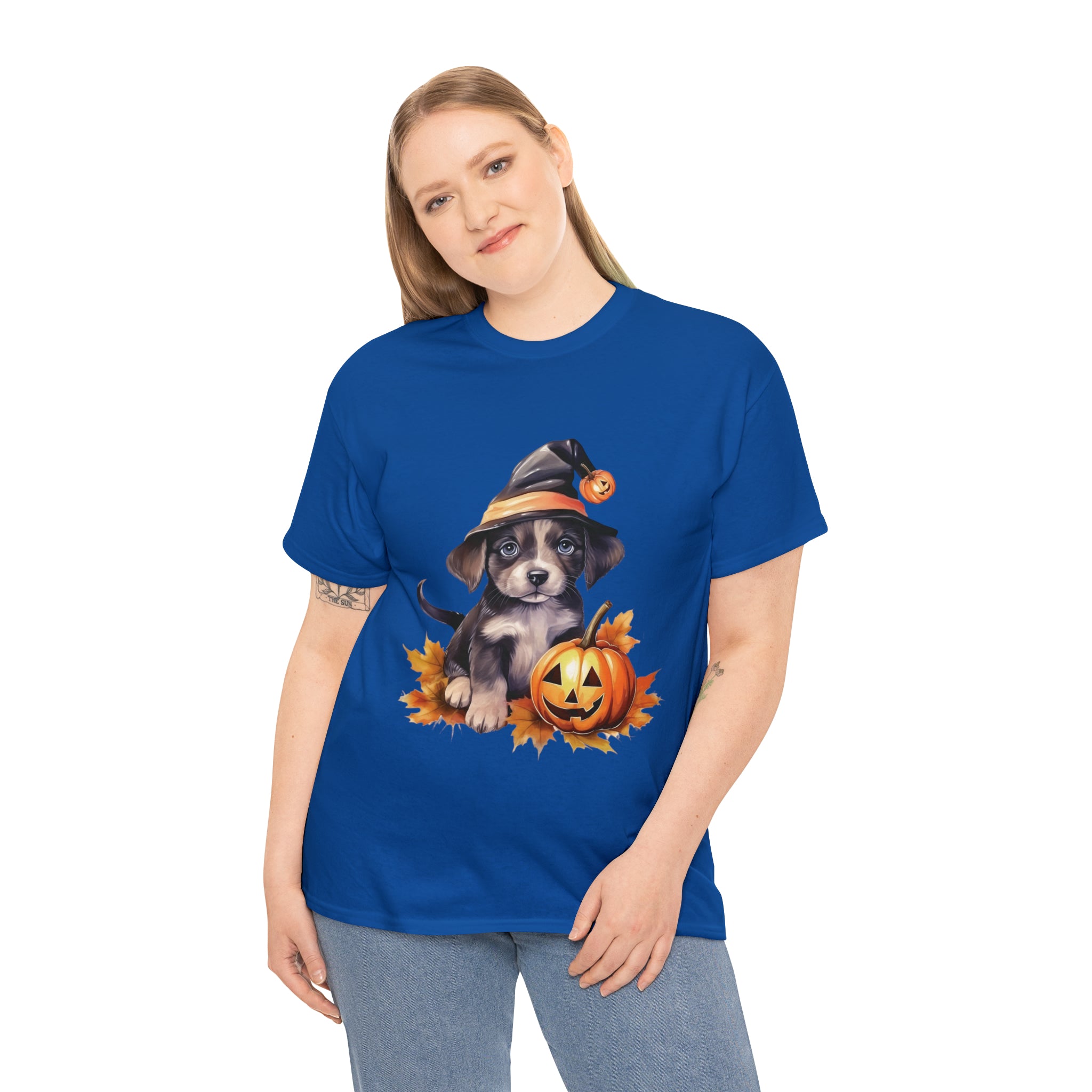 halloween t shirt puppy in witch hat cute gift for her stocking stuffer fall fun item for whole family Unisex Heavy Cotton Tee