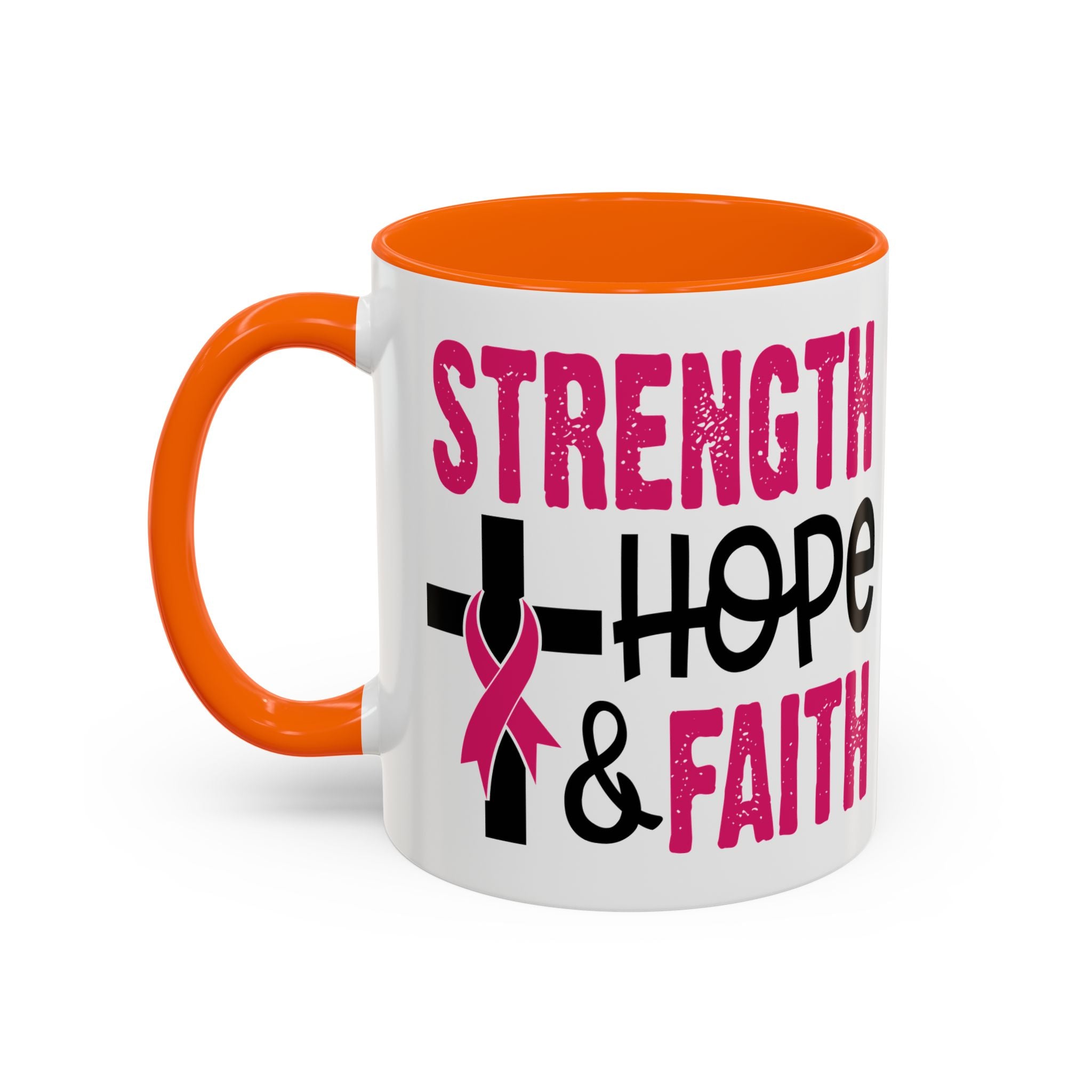 Inspirational Coffee Mug - Strength, Hope, Faith, Pink Ribbon, Christian Gifts, Motivational Drinkware, Breast Cancer Awareness