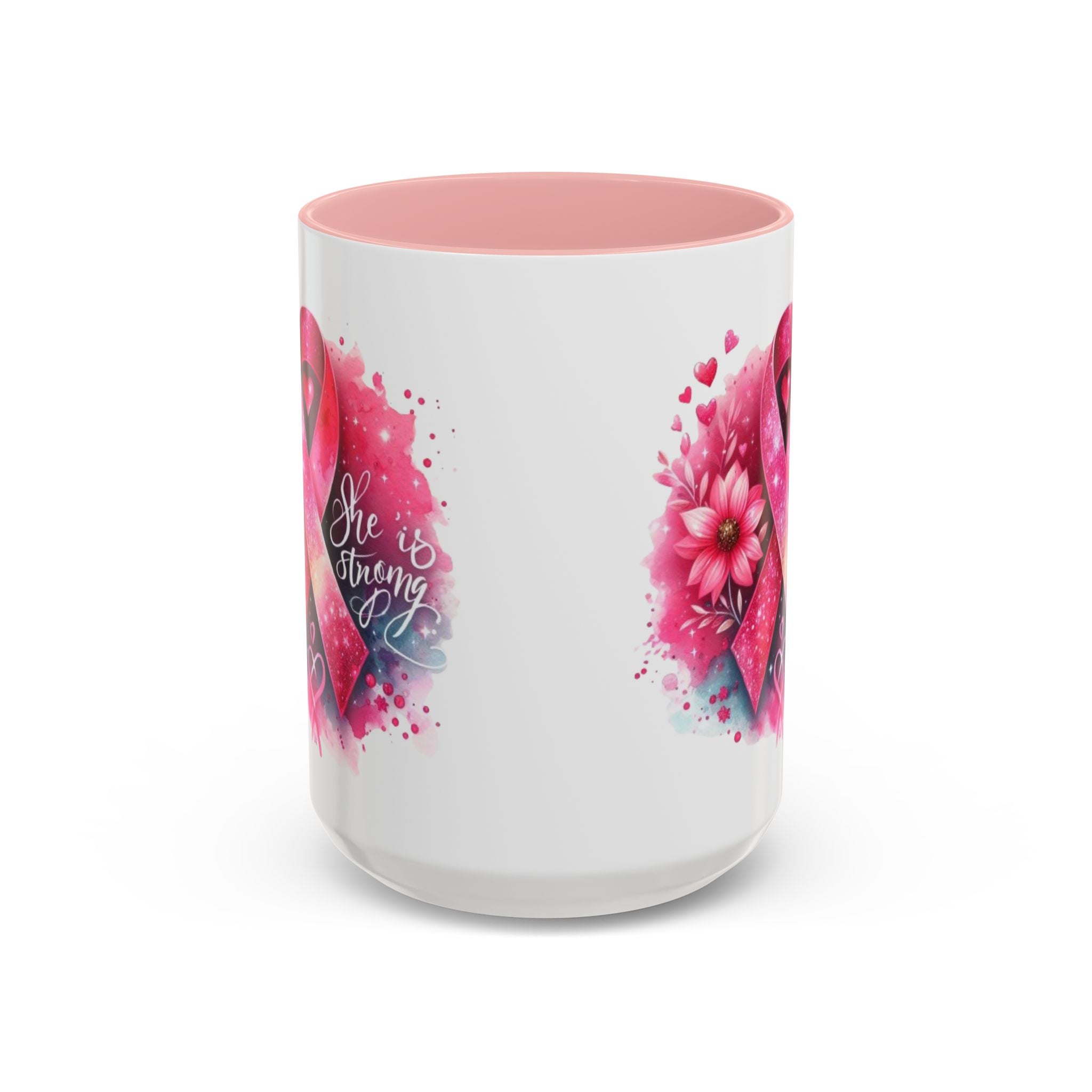 Breast Cancer Awareness Coffee Mug - Inspirational Gift, Motivational Drinkware, Supportive Cup, Pink Ribbon Design, She Is Strong