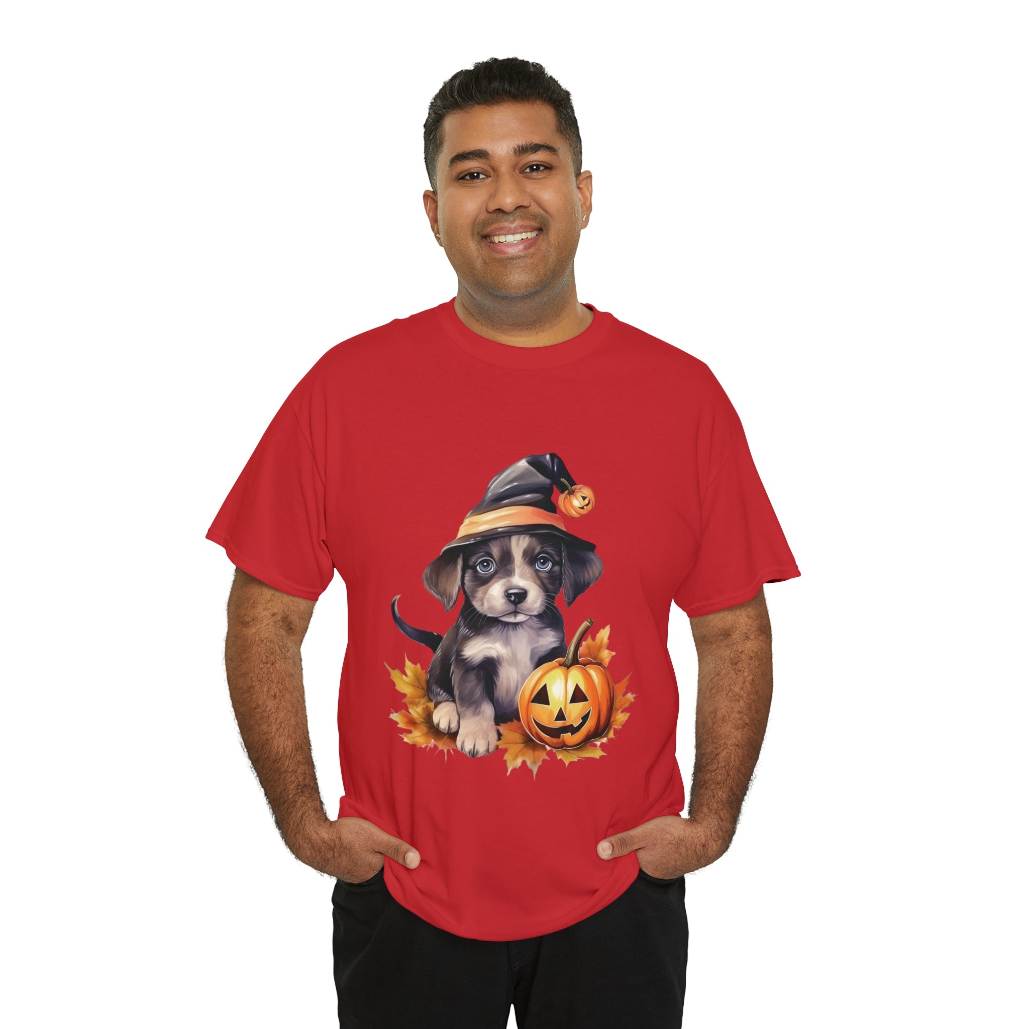 halloween t shirt puppy in witch hat cute gift for her stocking stuffer fall fun item for whole family Unisex Heavy Cotton Tee