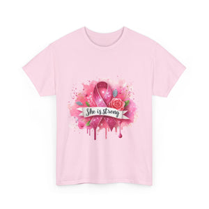 Unisex Heavy Cotton Tee - "She is Strong" Breast Cancer Awareness Shirt, Inspirational Tee, Gift for Her, Supportive Apparel, [...]