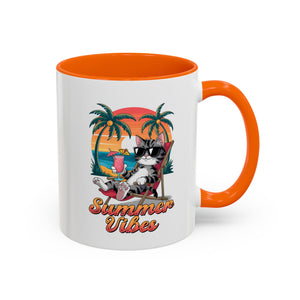 Summer Vibes Coffee Mug, Tropical Cat Mug, Beach Lover Gift, Fun Animal Sipware, Vacation-themed Drinkware, Pet Lover Cup