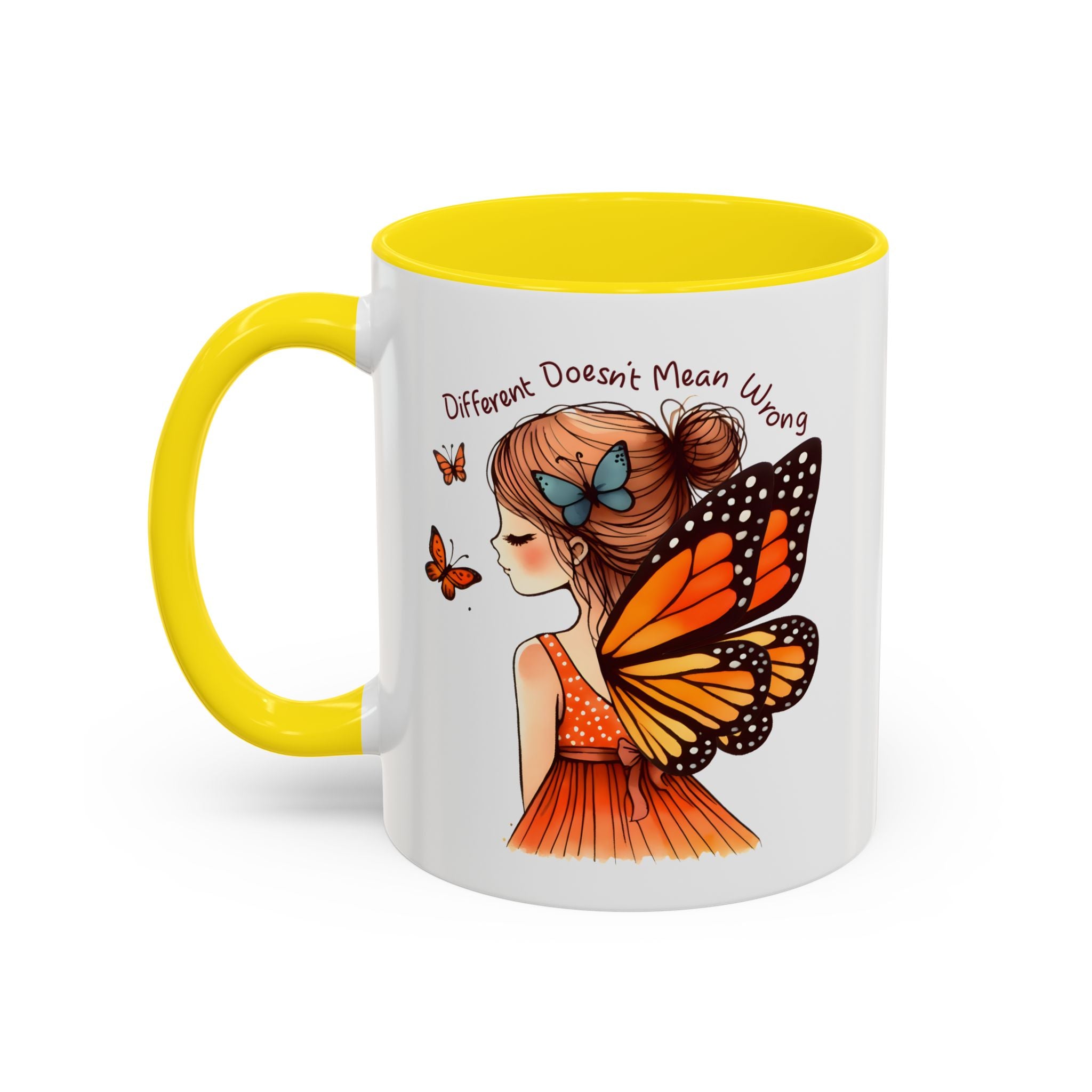 Butterfly Girl Accent Coffee Mug – "Different Doesn't Mean Wrong" Inspirational Tea Mug