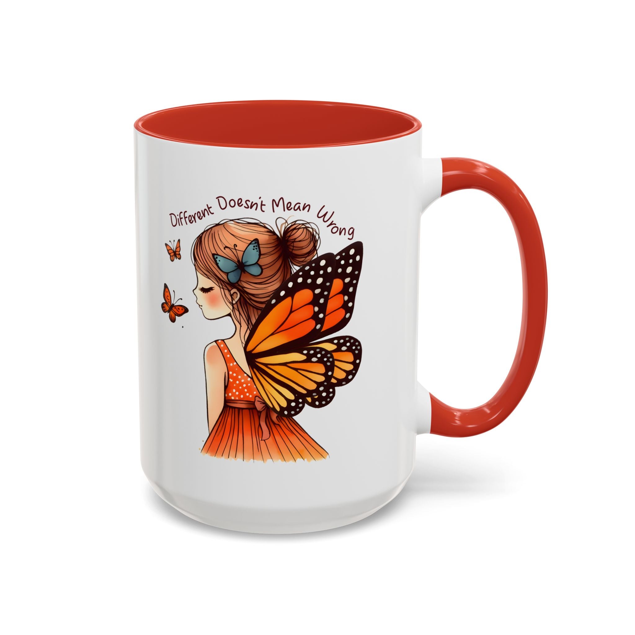 Butterfly Girl Accent Coffee Mug – "Different Doesn't Mean Wrong" Inspirational Tea Mug