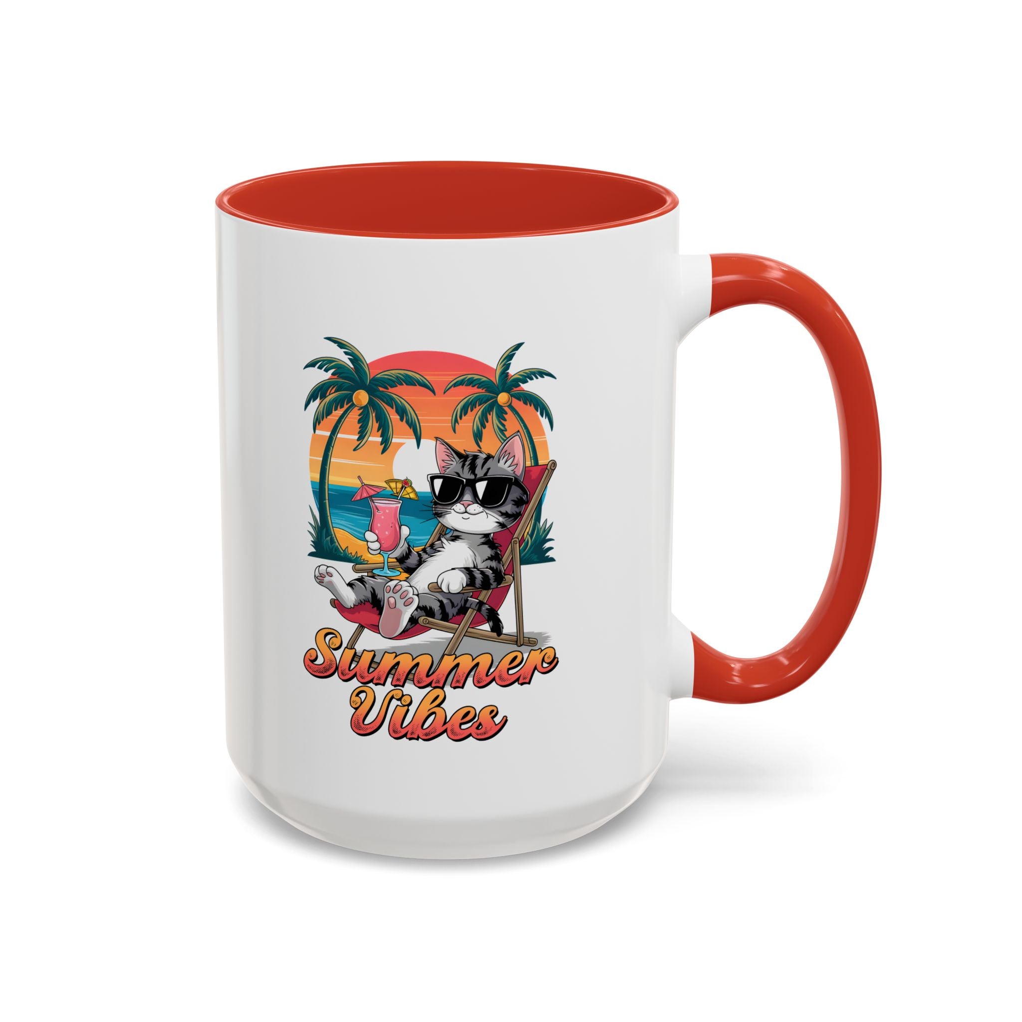 Summer Vibes Coffee Mug, Tropical Cat Mug, Beach Lover Gift, Fun Animal Sipware, Vacation-themed Drinkware, Pet Lover Cup