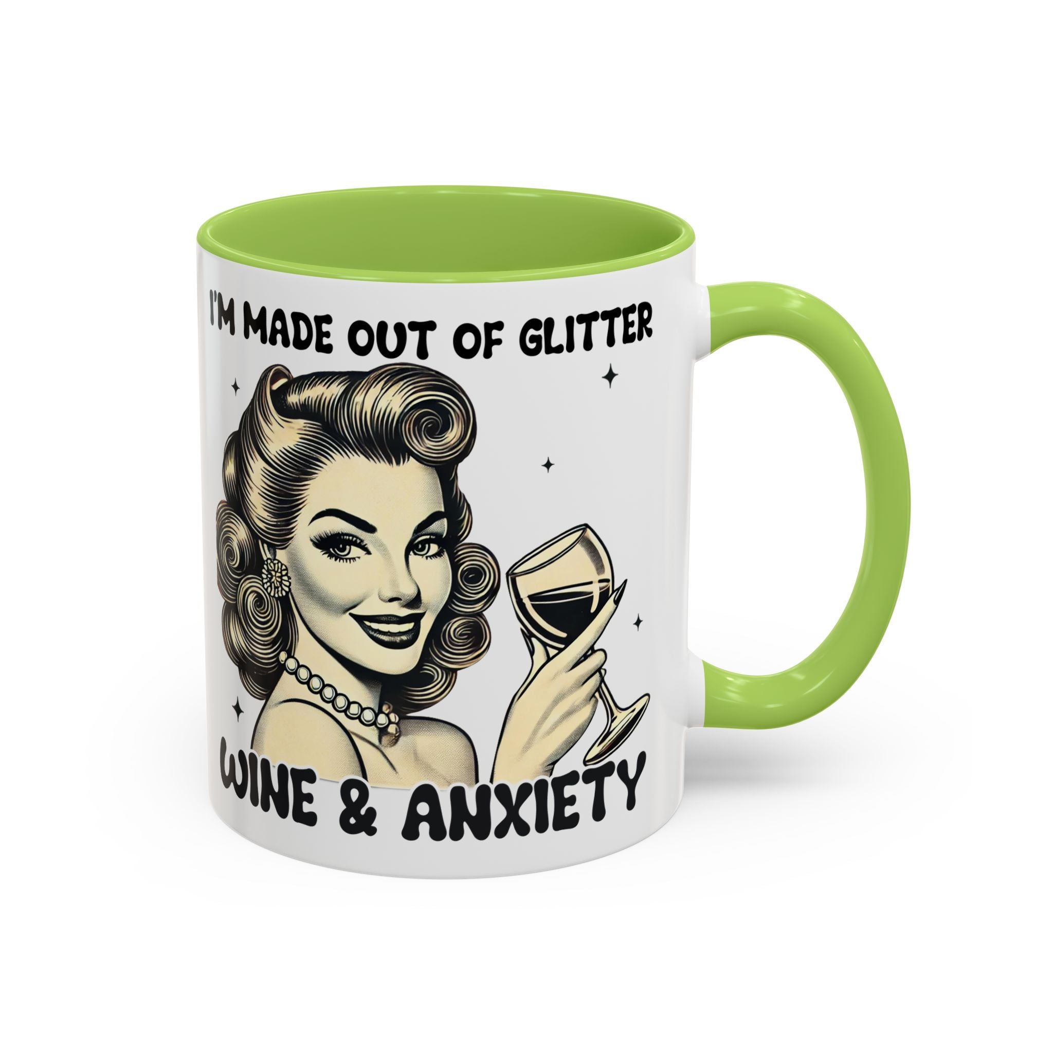 Wine & Anxiety Coffee Mug — "I'm Made Out of Glitter, Wine & Anxiety" Retro Accent Mug