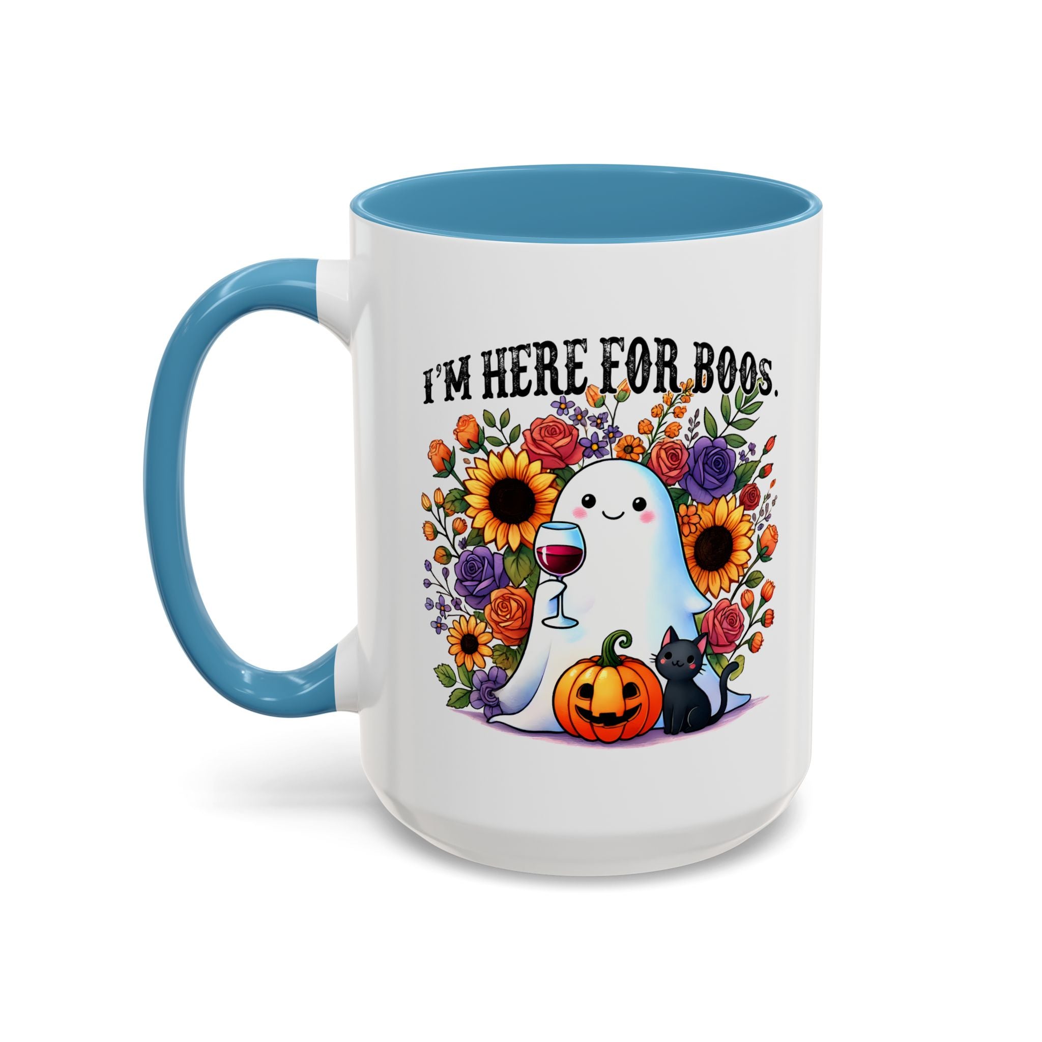 Spooky Floral Coffee Mug - I'm Here for Boos, Halloween Gift, Autumn Decor, Cute Ghost Mug, Cat Lover Drinkware