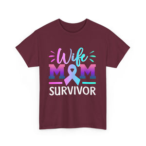 Wife Mom Survivor Tee, Unisex Heavy Cotton Tee, Cancer Awareness Shirt, Gift for Survivors, Inspirational Mom Shirt