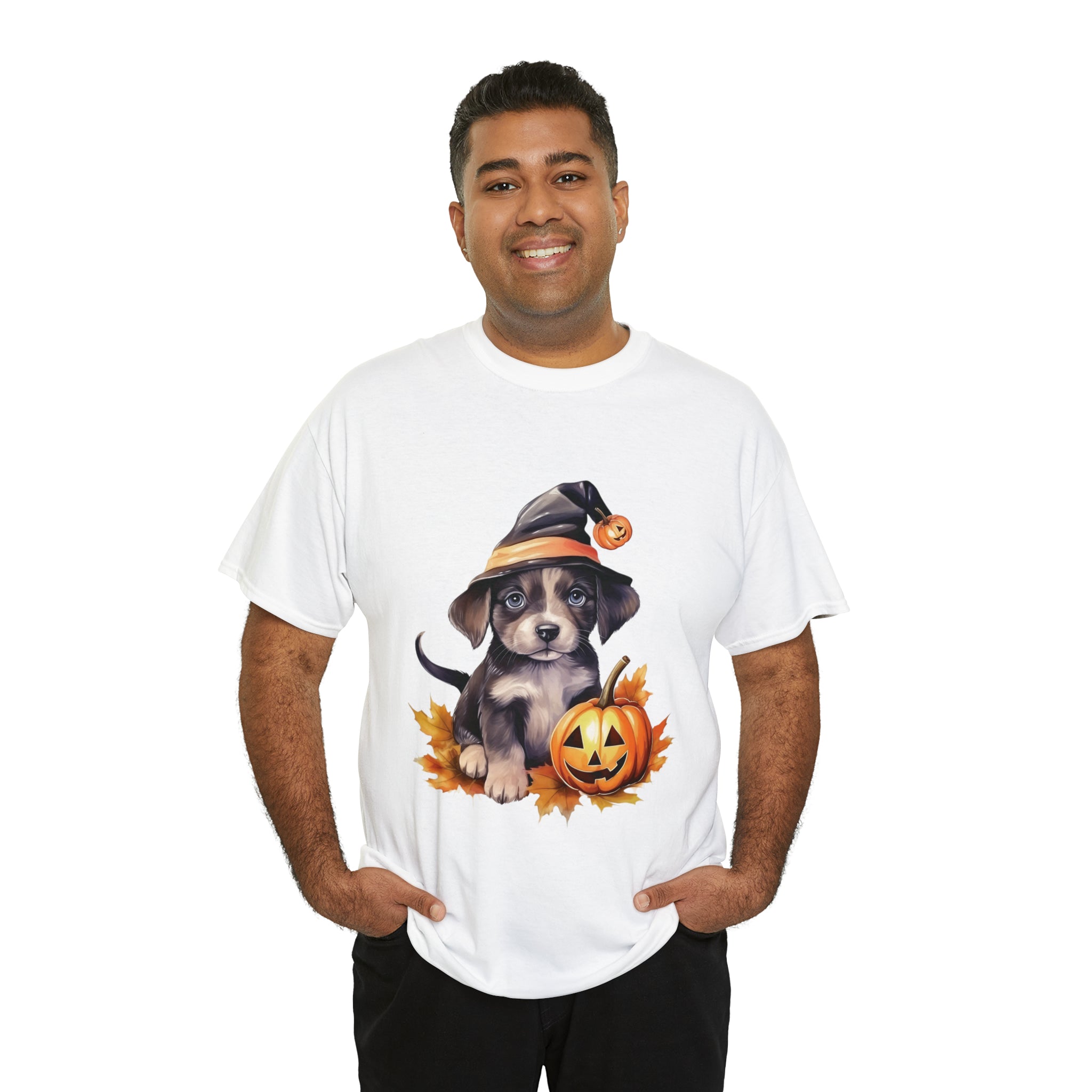 halloween t shirt puppy in witch hat cute gift for her stocking stuffer fall fun item for whole family Unisex Heavy Cotton Tee