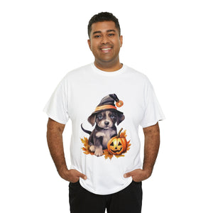 halloween t shirt puppy in witch hat cute gift for her stocking stuffer fall fun item for whole family Unisex Heavy Cotton Tee