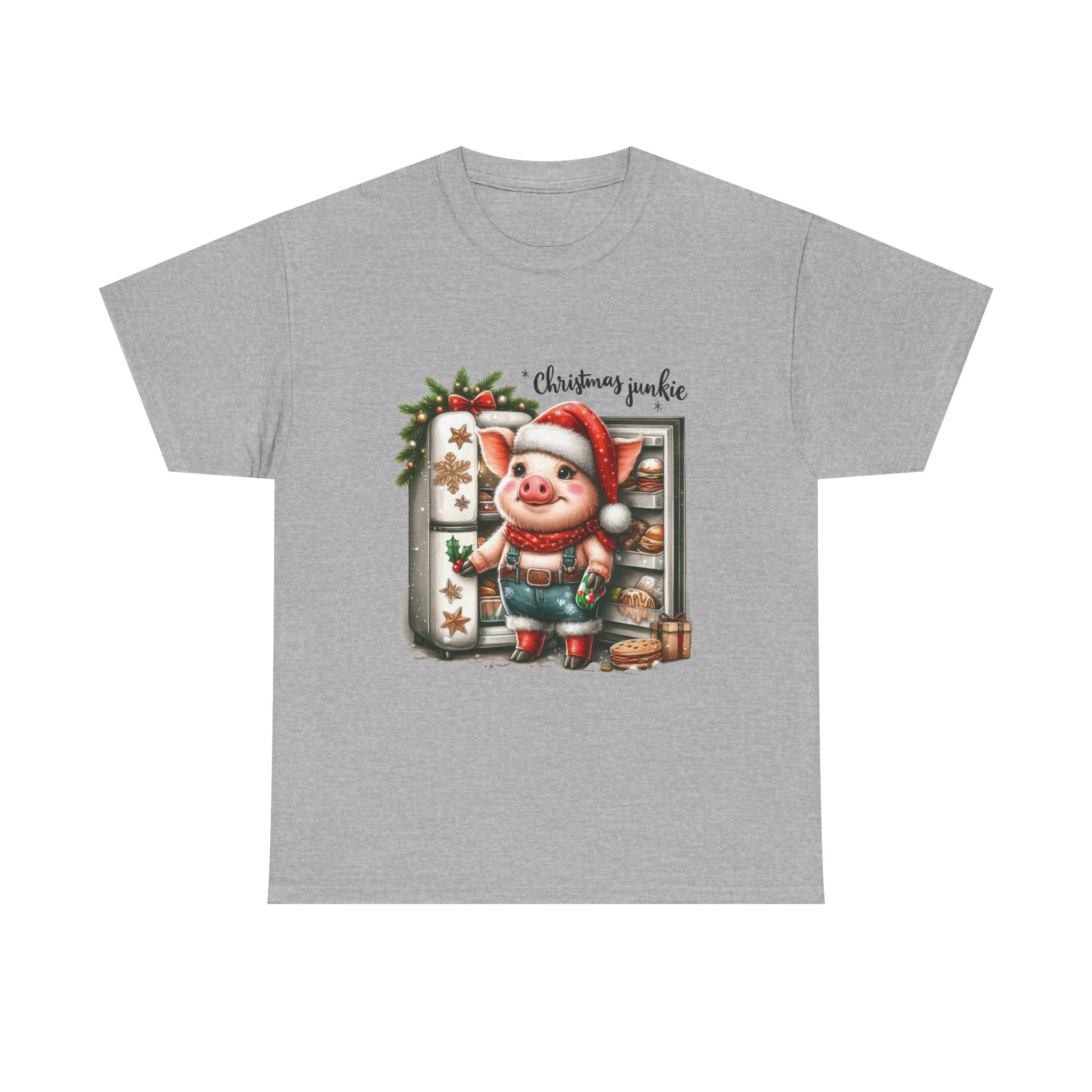 Christmas Junkie Unisex Cotton Tee, Fun Holiday Shirt, Christmas Gift, Pig T-Shirt, Festive Apparel, Cute Christmas Outfit