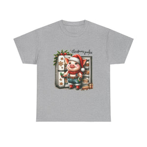 Christmas Junkie Unisex Cotton Tee, Fun Holiday Shirt, Christmas Gift, Pig T-Shirt, Festive Apparel, Cute Christmas Outfit