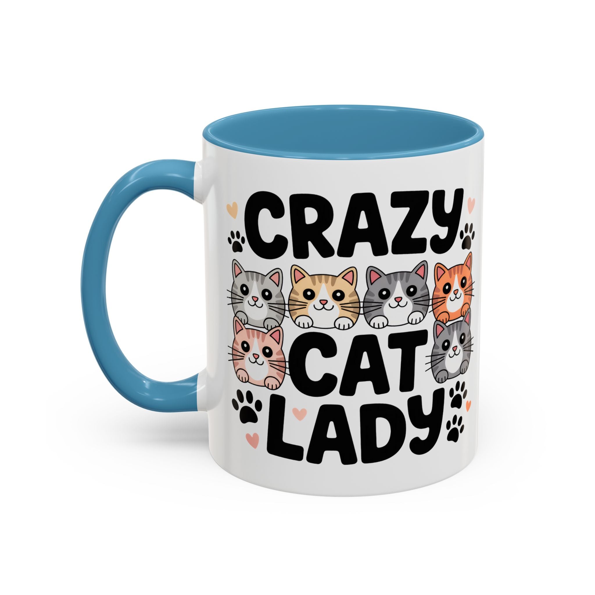 Crazy Cat Lady Accent Coffee Mug — Cute Cat Faces Paw Print 11/15oz
