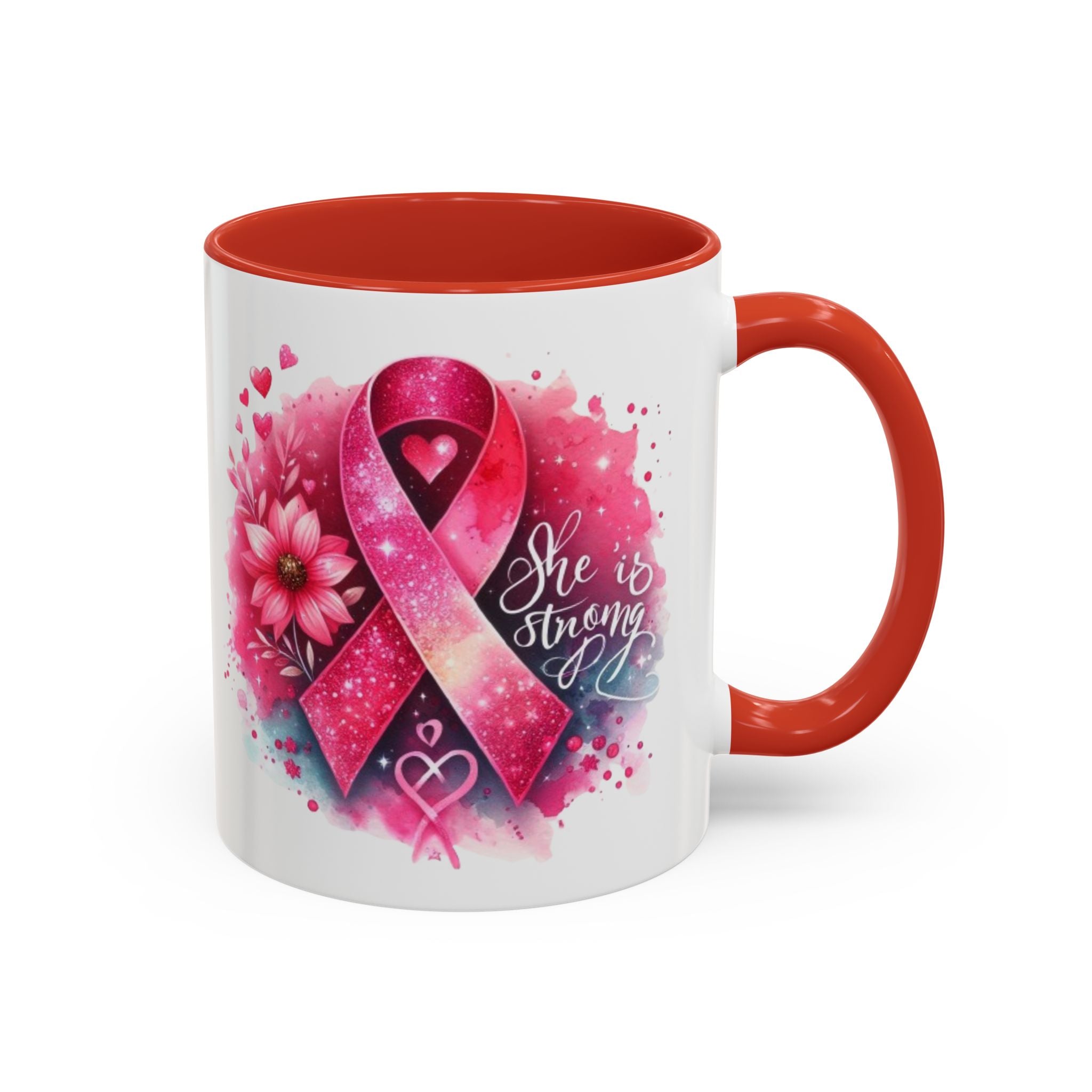 Breast Cancer Awareness Coffee Mug - Inspirational Gift, Motivational Drinkware, Supportive Cup, Pink Ribbon Design, She Is Strong