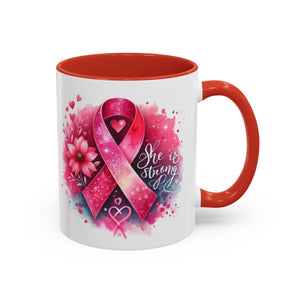 Breast Cancer Awareness Coffee Mug - Inspirational Gift, Motivational Drinkware, Supportive Cup, Pink Ribbon Design, She Is Strong
