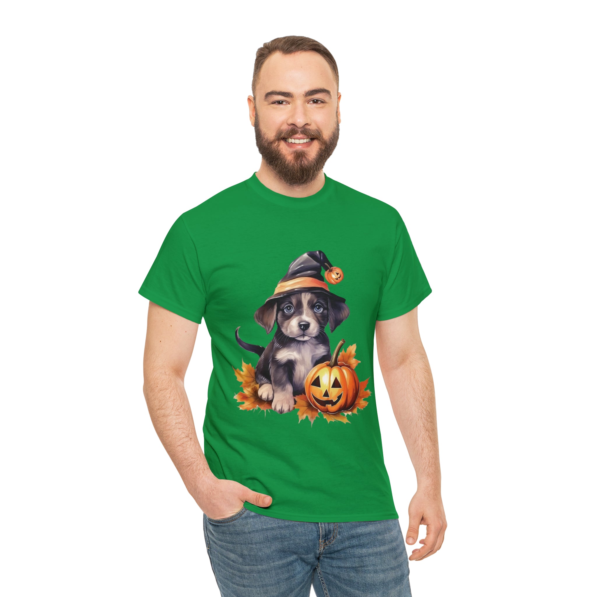 halloween t shirt puppy in witch hat cute gift for her stocking stuffer fall fun item for whole family Unisex Heavy Cotton Tee