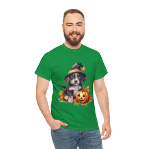 halloween t shirt puppy in witch hat cute gift for her stocking stuffer fall fun item for whole family Unisex Heavy Cotton Tee