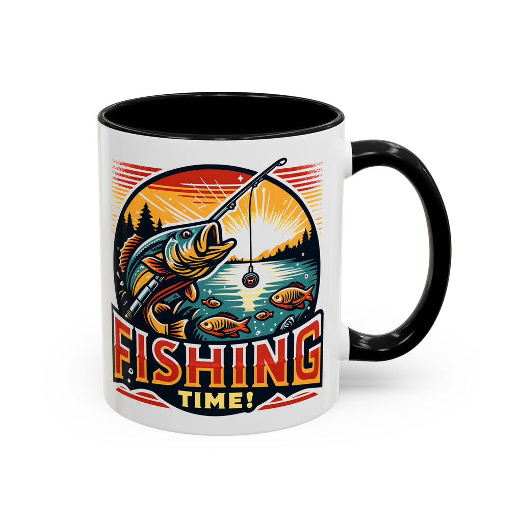 Fishing Time Accent Coffee Mug — Vintage Outdoor Fisherman Lake Design (11/15oz)