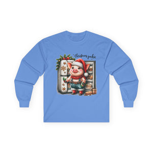 Christmas Pig Long Sleeve Tee, Festive Unisex Shirt, Holiday Apparel, Cute Animal Gift, Winter Wonderland Merch
