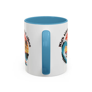 Surfing Cat Coffee Mug - High Tides & Good Vibes - Beach Lover Gift animal lover funny