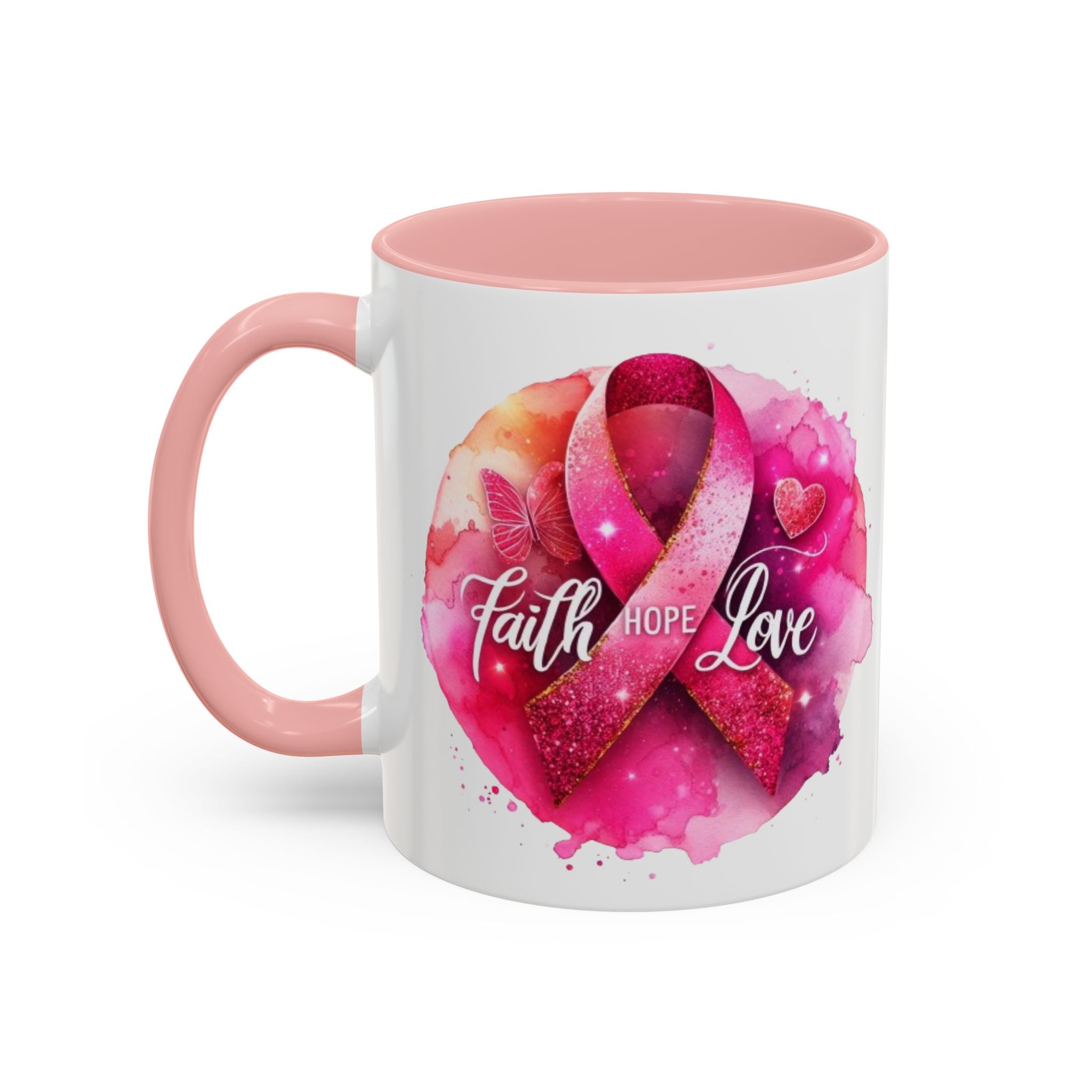Inspirational Accent Coffee Mug with Pink Ribbon Design, Faith Hope Love Gift, Cancer Awareness Mug, Supportive Drinkware, Meaningful [...]