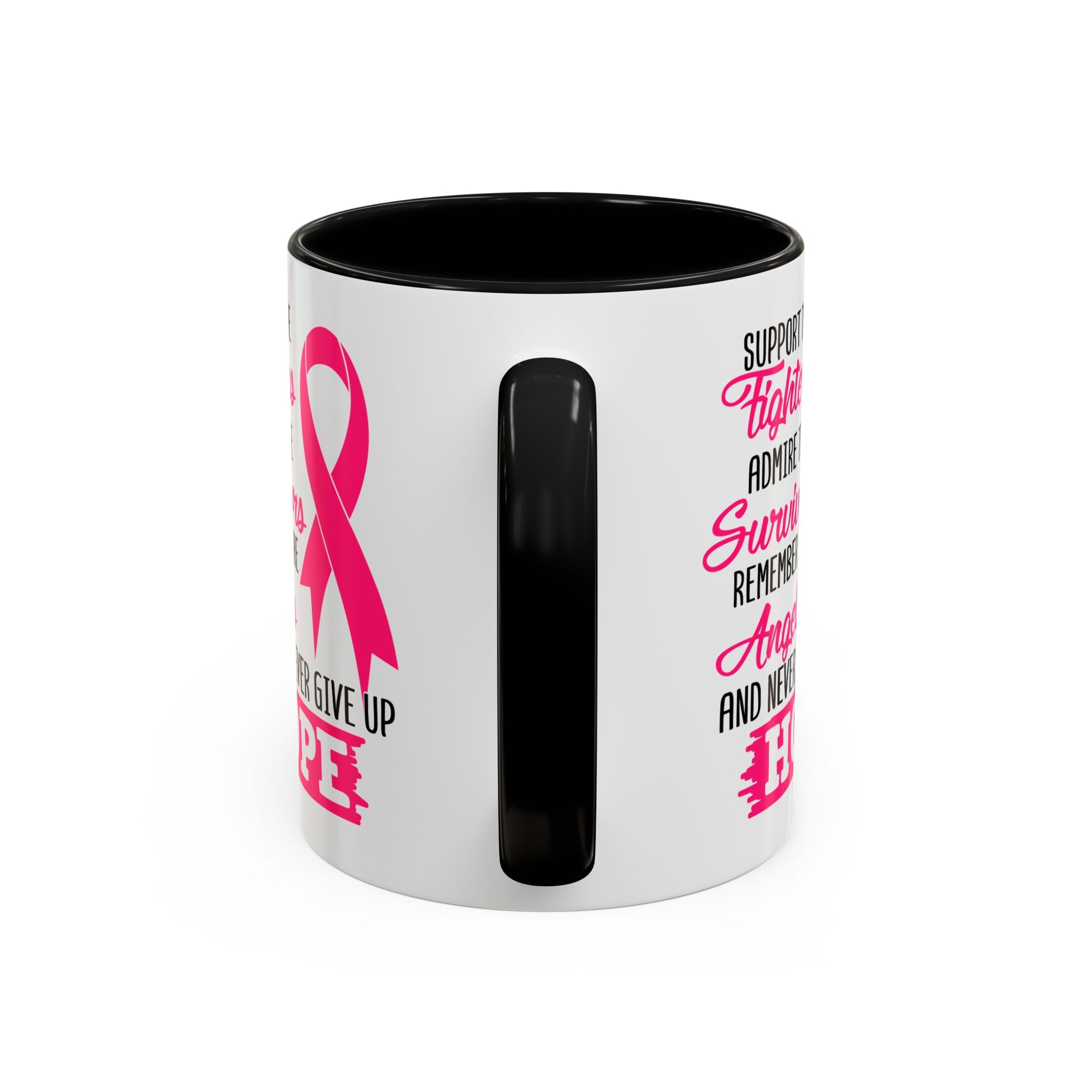 Inspirational Pink Ribbon Coffee Mug: Support Fighters, Admire Survivors, Celebrate Hope, Gift for Cancer Awareness, Motivational Mug