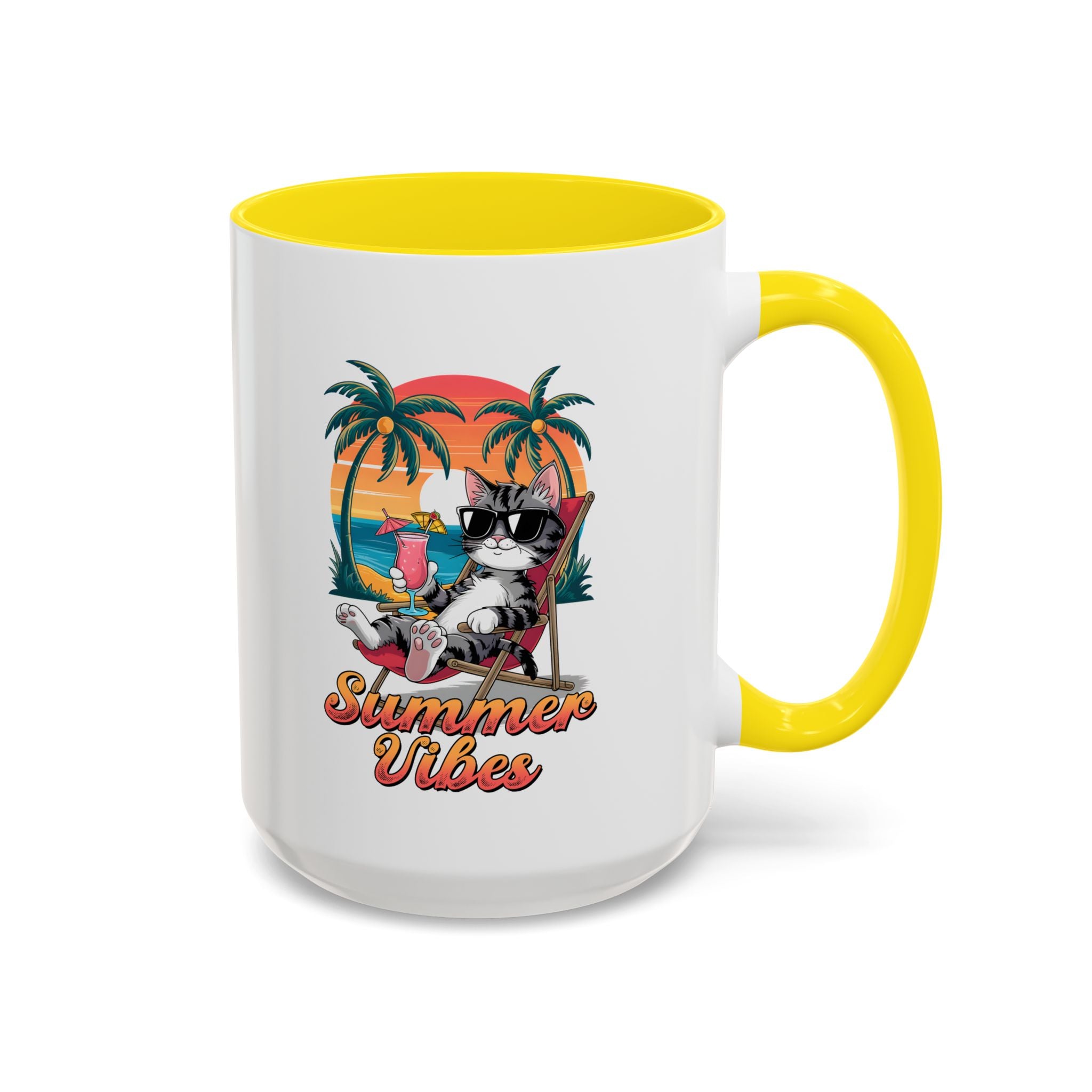 Summer Vibes Coffee Mug, Tropical Cat Mug, Beach Lover Gift, Fun Animal Sipware, Vacation-themed Drinkware, Pet Lover Cup