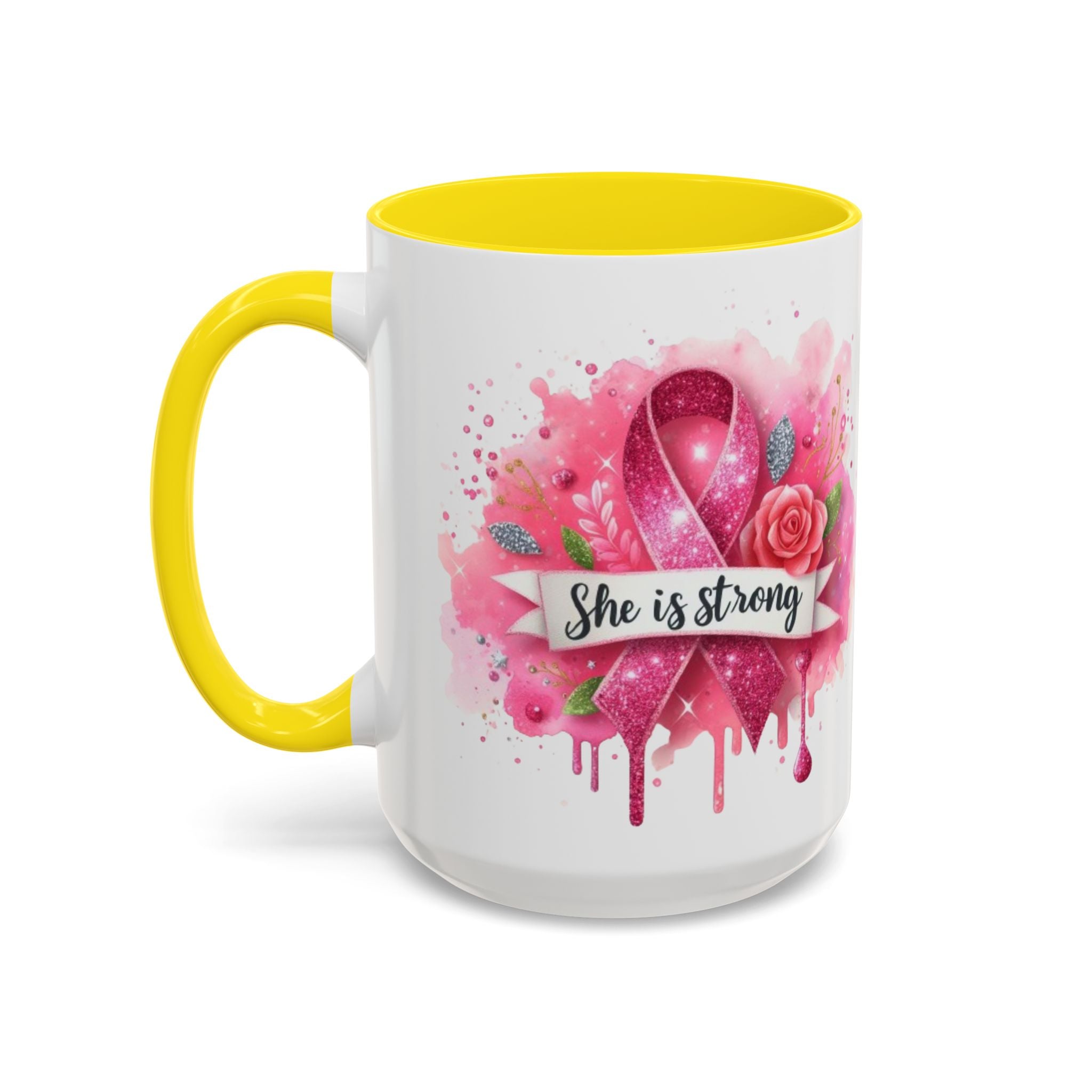 Empowering Pink Ribbon Coffee Mug - She Is Strong, Inspirational Gift for Breast Cancer Awareness, Motivational Drinkware, Supportive [...]