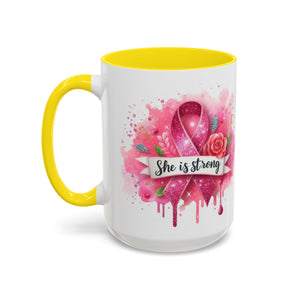 Empowering Pink Ribbon Coffee Mug - She Is Strong, Inspirational Gift for Breast Cancer Awareness, Motivational Drinkware, Supportive [...]