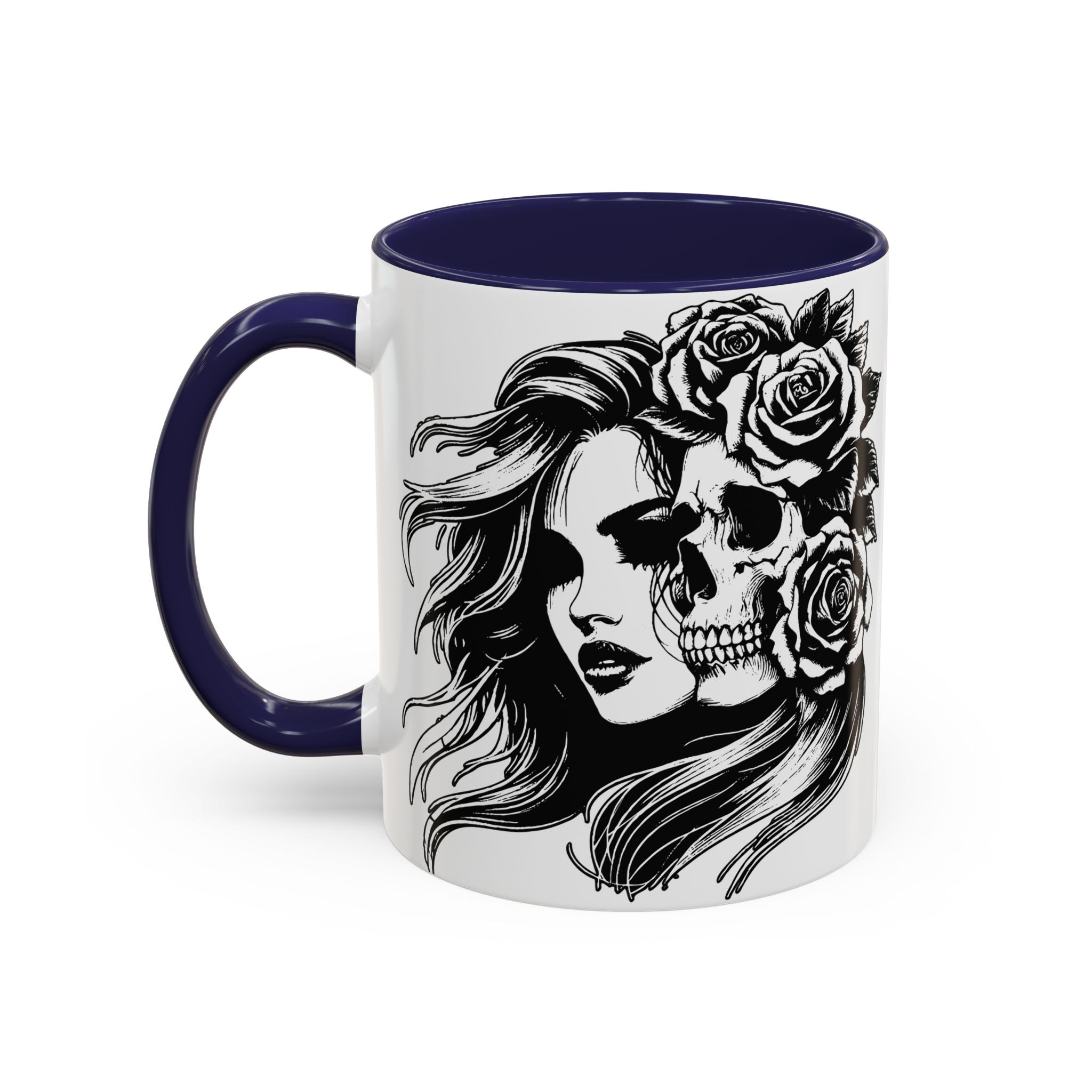 Skull & Rose Accent Coffee Mug — Gothic Half-Skull Woman 11/15oz