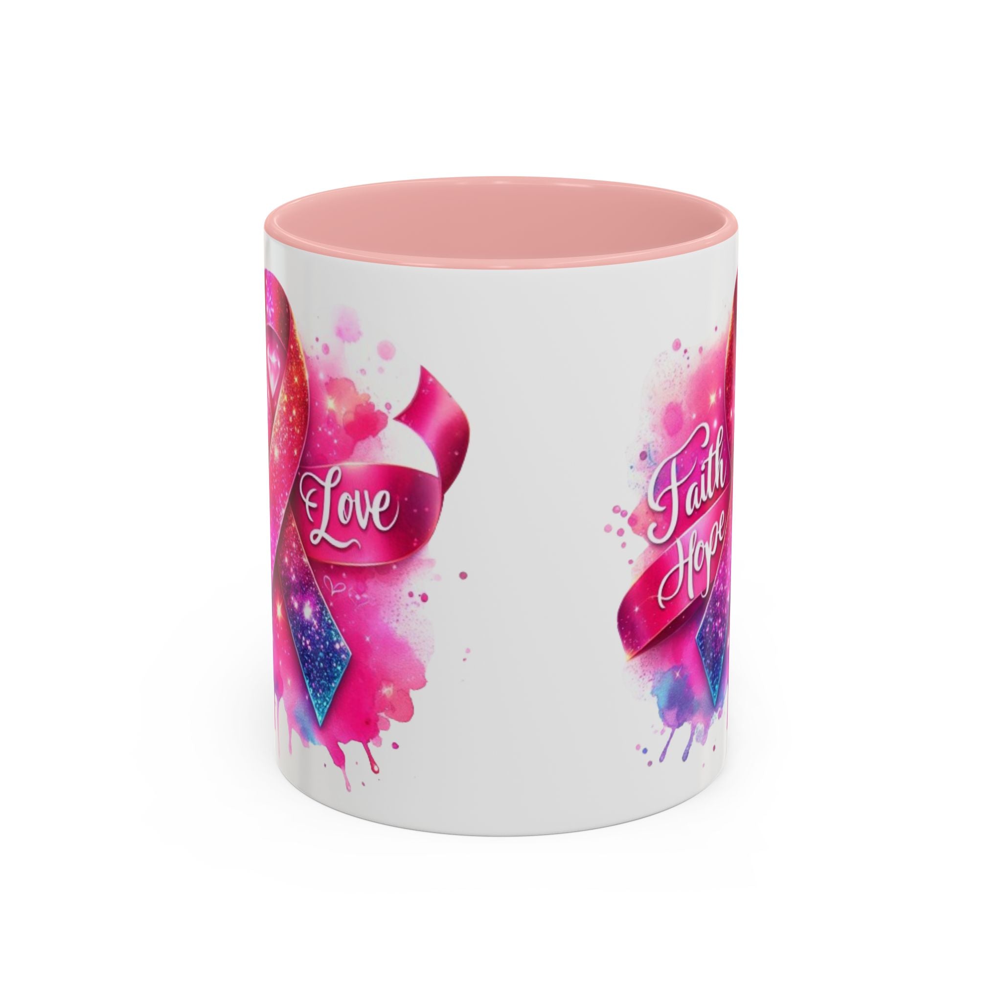 Inspirational Ribbon Coffee Mug - Faith, Hope, Love, Support, Gift for Cancer Awareness, Breast Cancer, Encouragement, Motivational